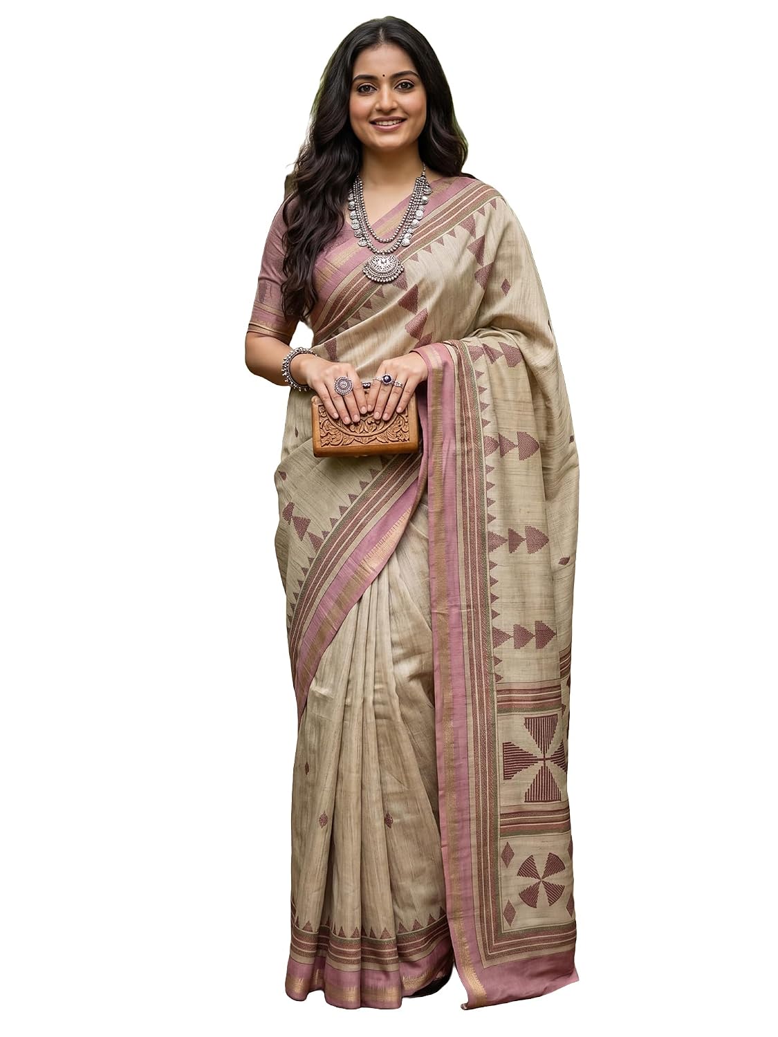 AKHILAM Women's Tussar Silk Ikat Print Saree With Unstitched Blouse Piece|Tussar Silk Saree For Women|Tussar Silk Saree (K...