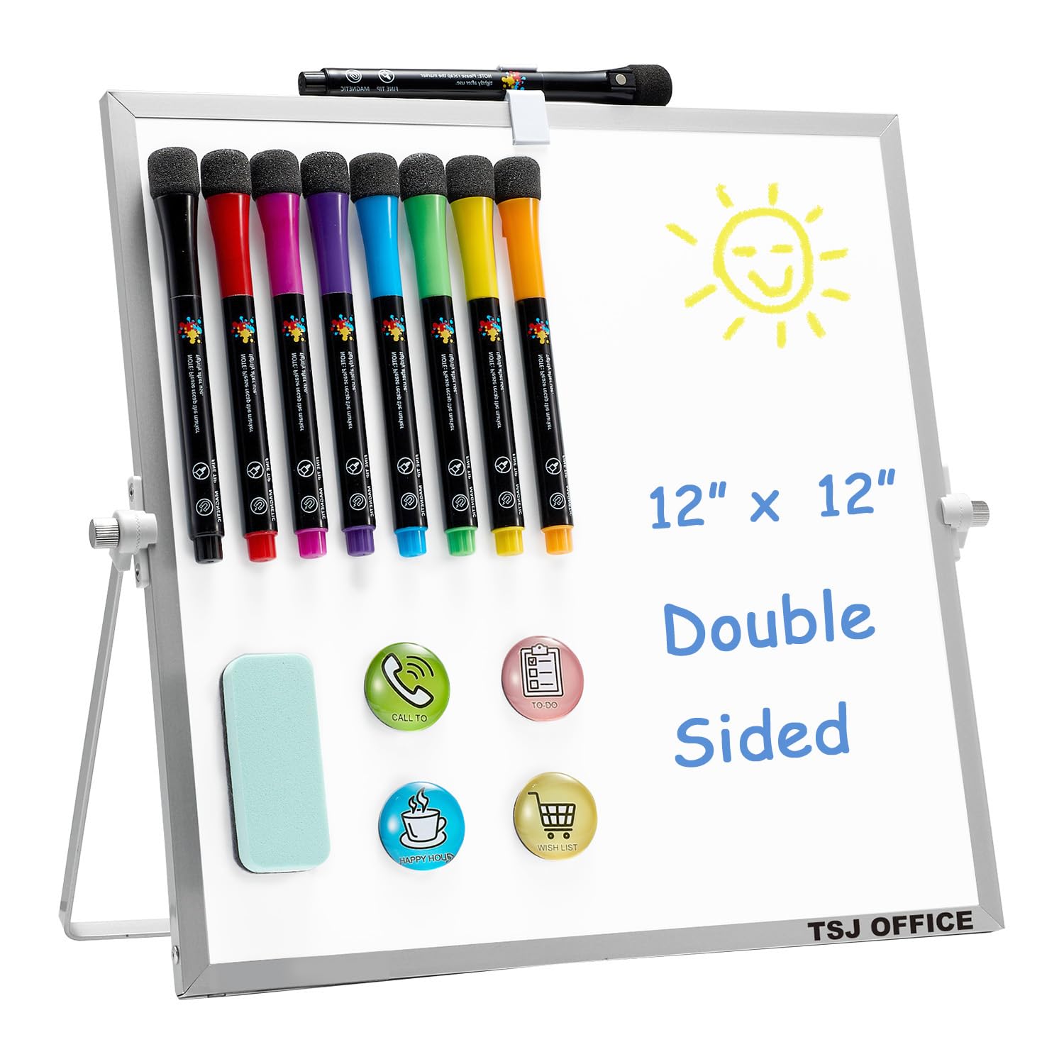 Small Magnetic Desktop White Board – 12 x 12 inches Mini Portable Dry Erase Whiteboard for Students Double Side to Do List Dry Erase Board with Stand
