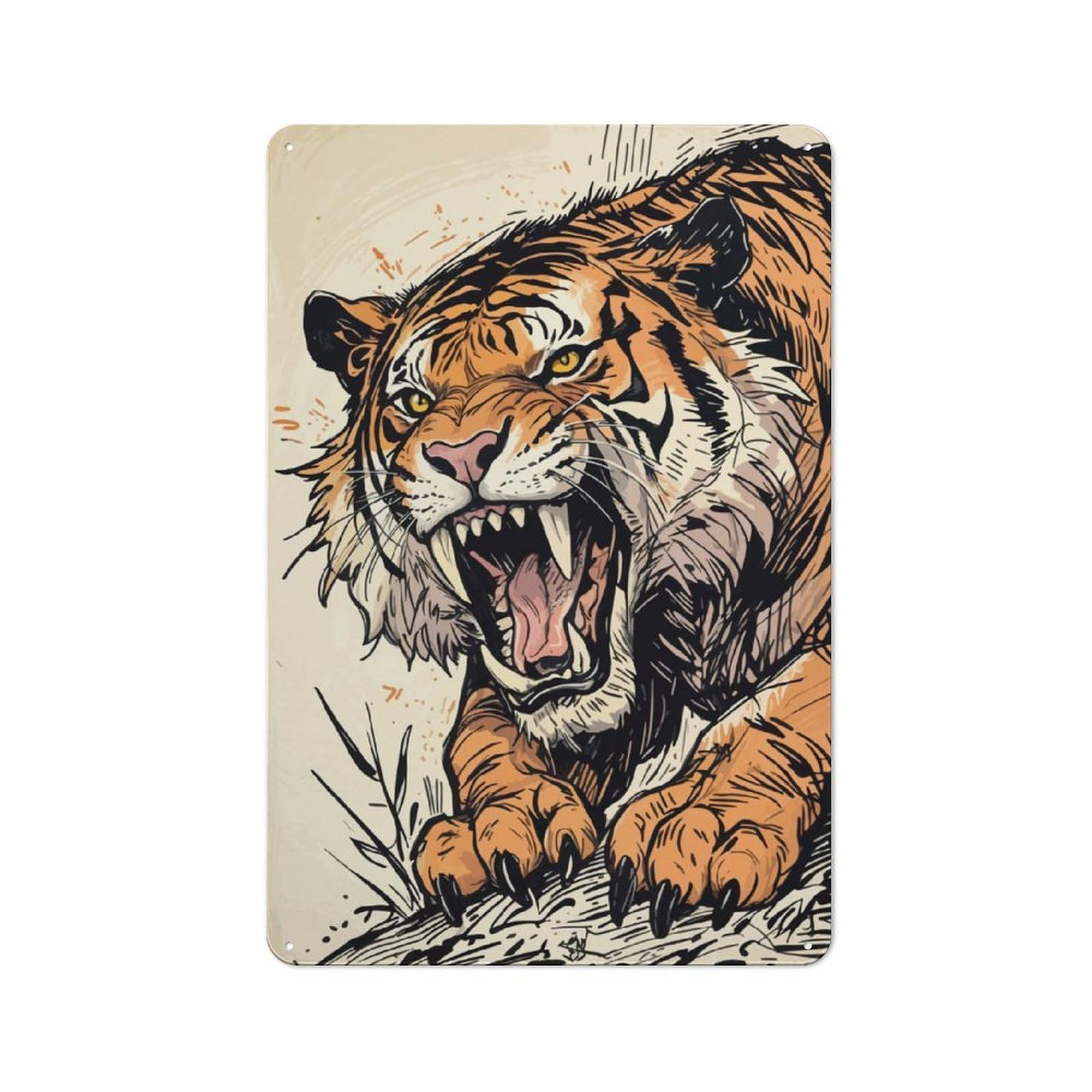 Roaring Sabertooth Tiger Illustration Retro-style Metal Plaque 30x20cm for Garage Or Workshop, for Garage, Workshop And Man Cave Decoration
