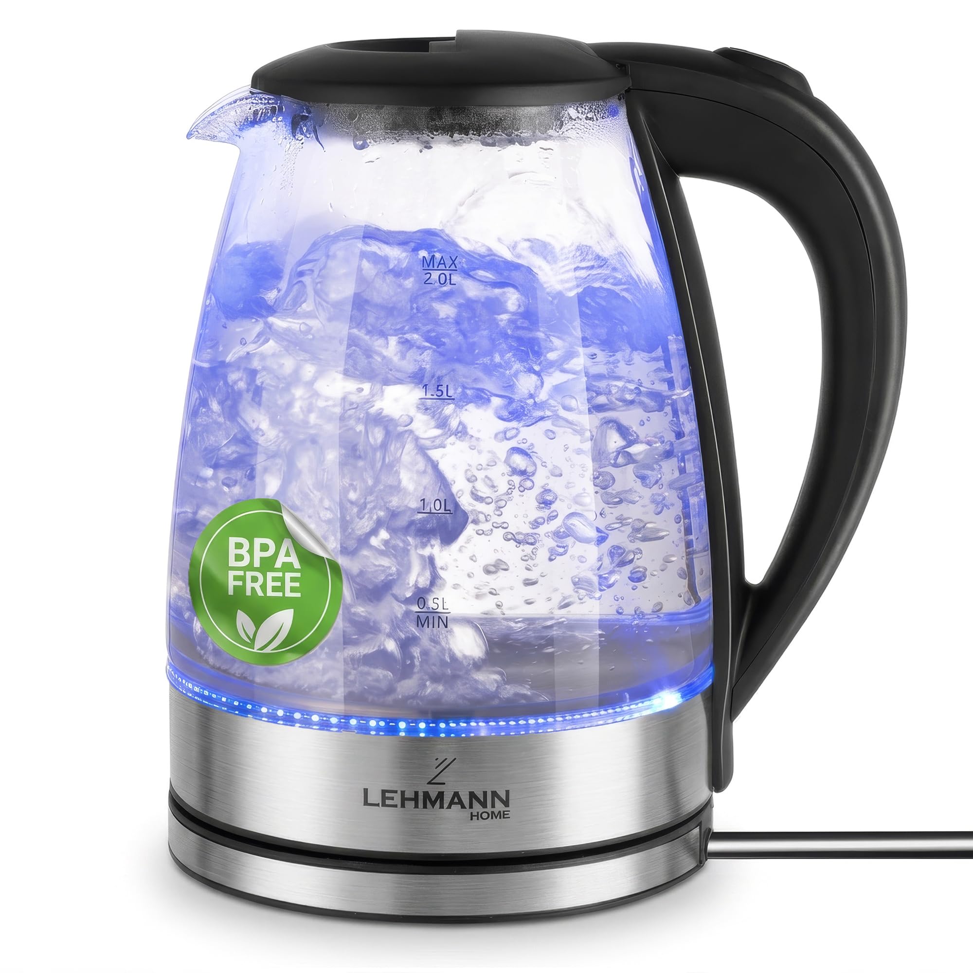 LEHMANN Glas Wasserkocher 2 L aus Borosilikatglas, 2200 W, BPA-frei, blaue LED-Beleuchtung, schnelles Kochen, 360°-Basis, Überhitzungsschutz & Automatische Abschaltung, Transparent