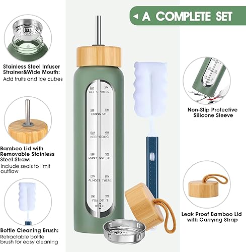 Miniatura 3 de Botella de agua de vidrio de 32 onzas con pajilla, marcador de tiempo motivacional y funda de silicona, vaso reutilizable que incluye 2 tapas de