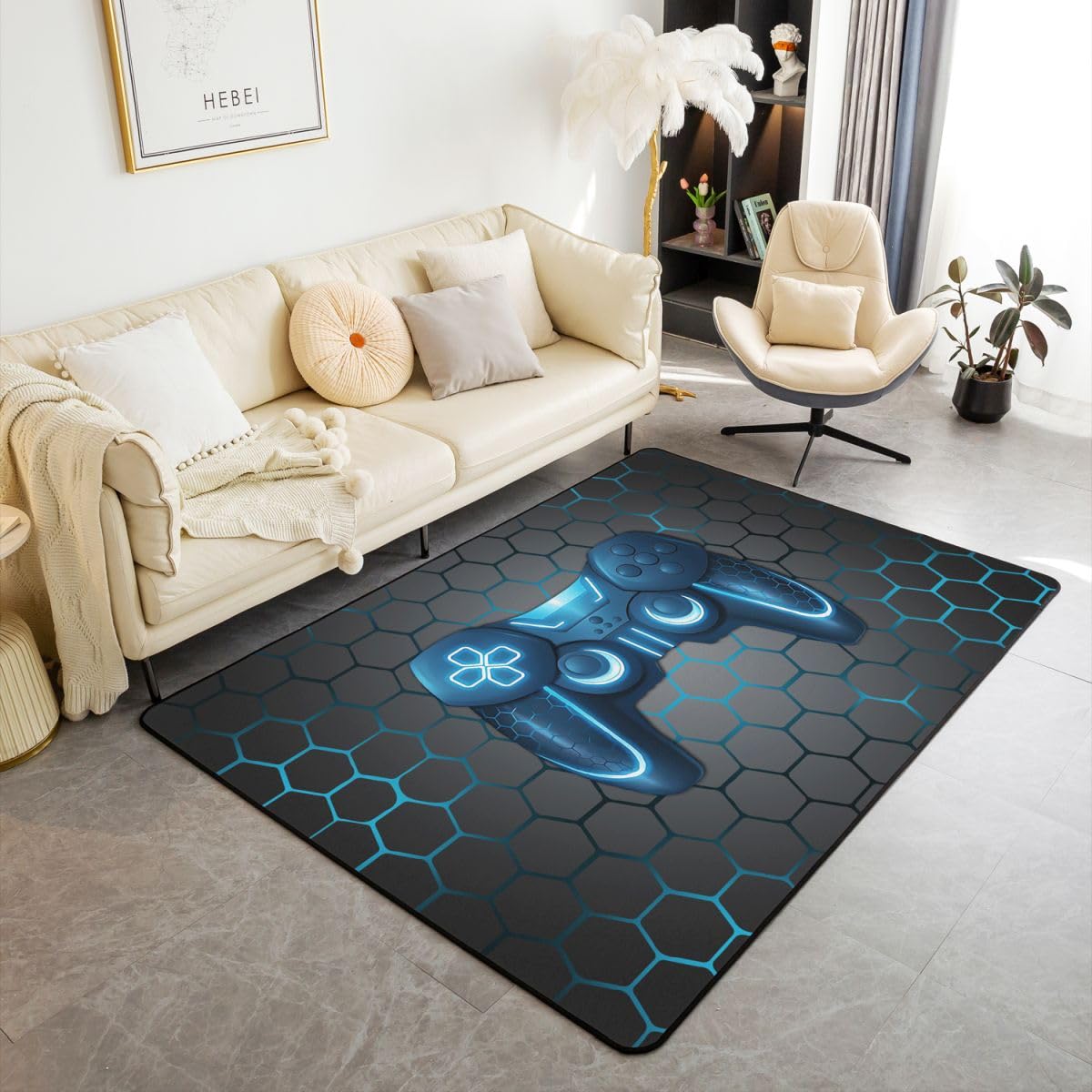 Tappeto per soggiorno con controller di gioco, 150 x 200 cm, motivo a nido d'ape, per camera da letto, per ragazzi e ragazze, motivo videogiochi, decorazione per la casa