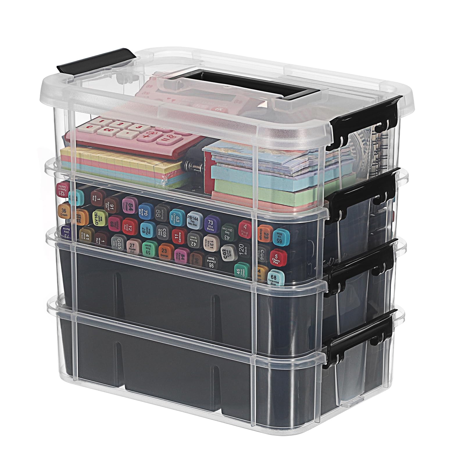 IGNPION Stapelbare Aufbewahrungsbox, 4-Ebenen-Verstellbare Kunststoff-Aufbewahrungsbox mit Tragegriff Transparente Organizer-Behälter für Kunst- und Bastelarbeiten, Spielzeug, Nähzubehör (Schwarz)