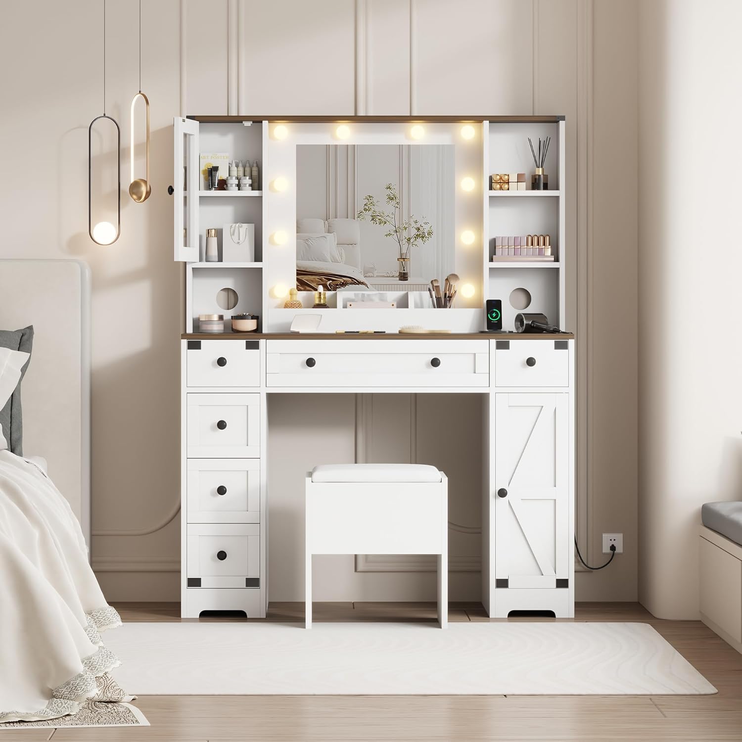 GarveeHome Makeup Vanity and Stool, Vanity Desk with Lights, White Vanity Table with Charging Station, 6 Drawers and Cabinets