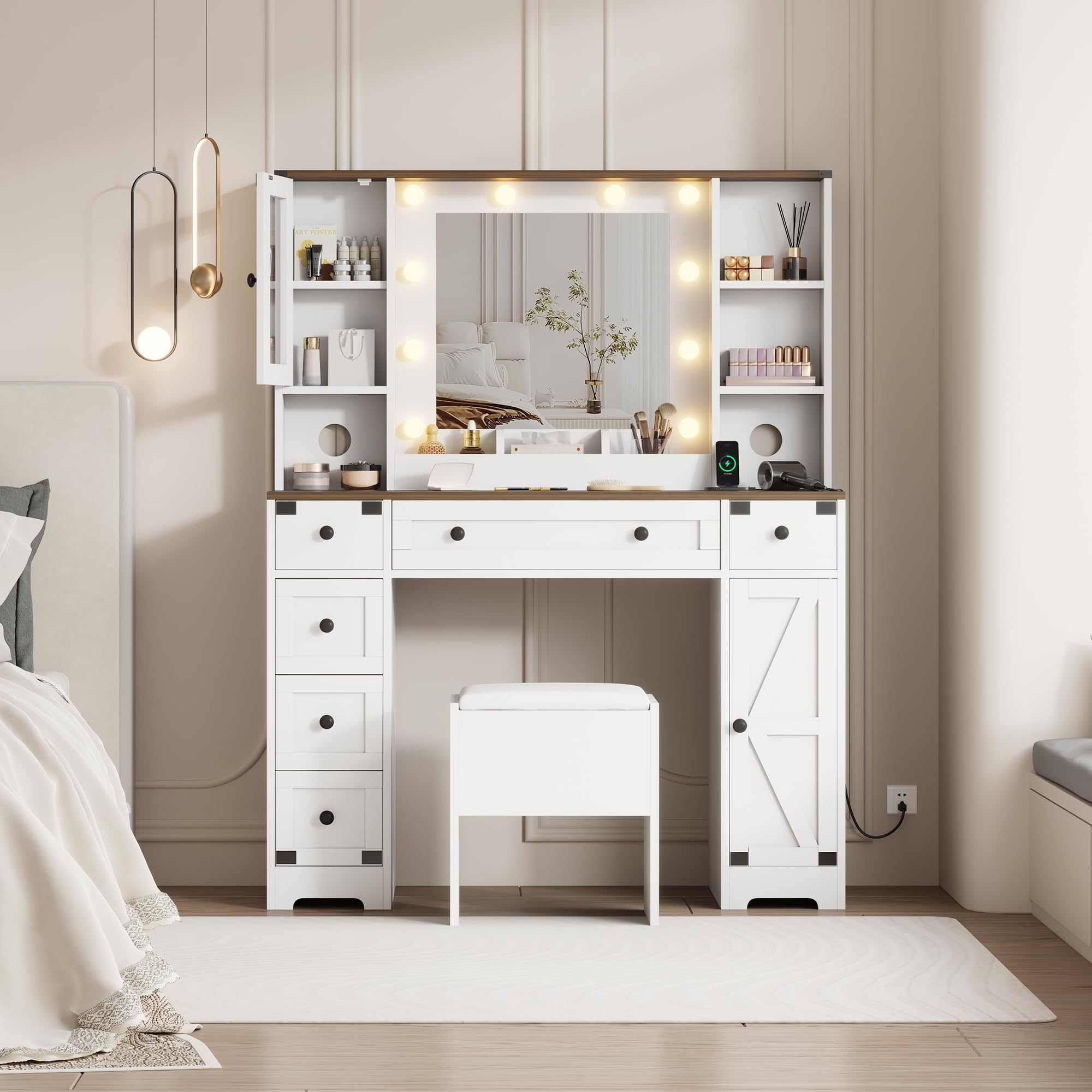 GarveeHome Makeup Vanity and Stool, Vanity Desk with Lights in 3 Colors, White Vanity Table with Charging Station, 6 Drawers and Cabinets