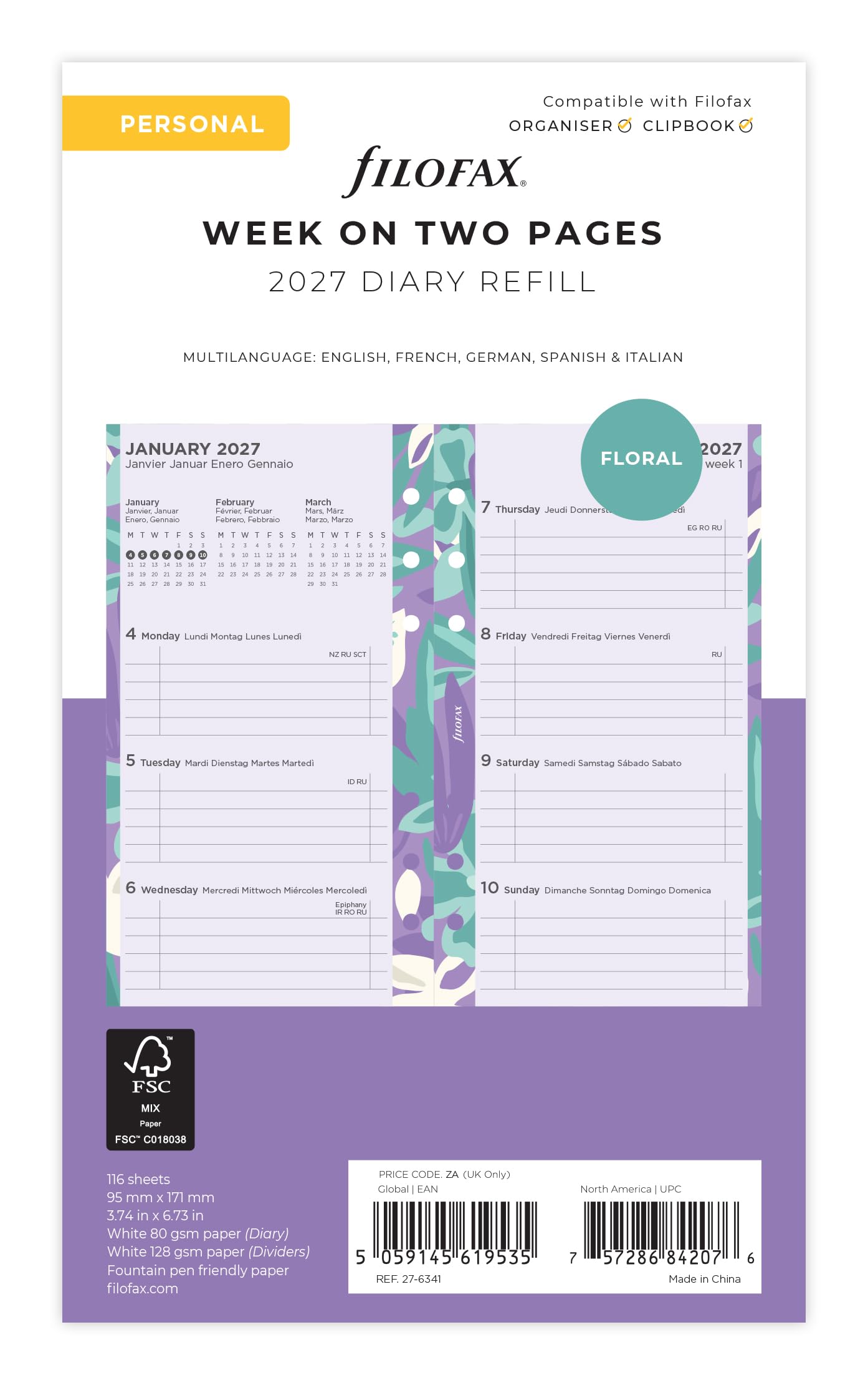 Filofax Personal Illustrated Floral Week on 2 Pages 2027 Diary Pack 27-6341