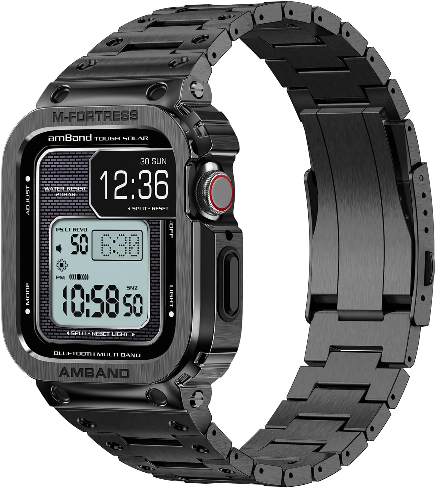 amBand Stainless Steel Band and Case Compatible with Apple Watch Series 9/8/7 45mm, Moving Fortress Pro Rugged Protective Bumper Luxury Metal Cover and Link for iWatch Men Black