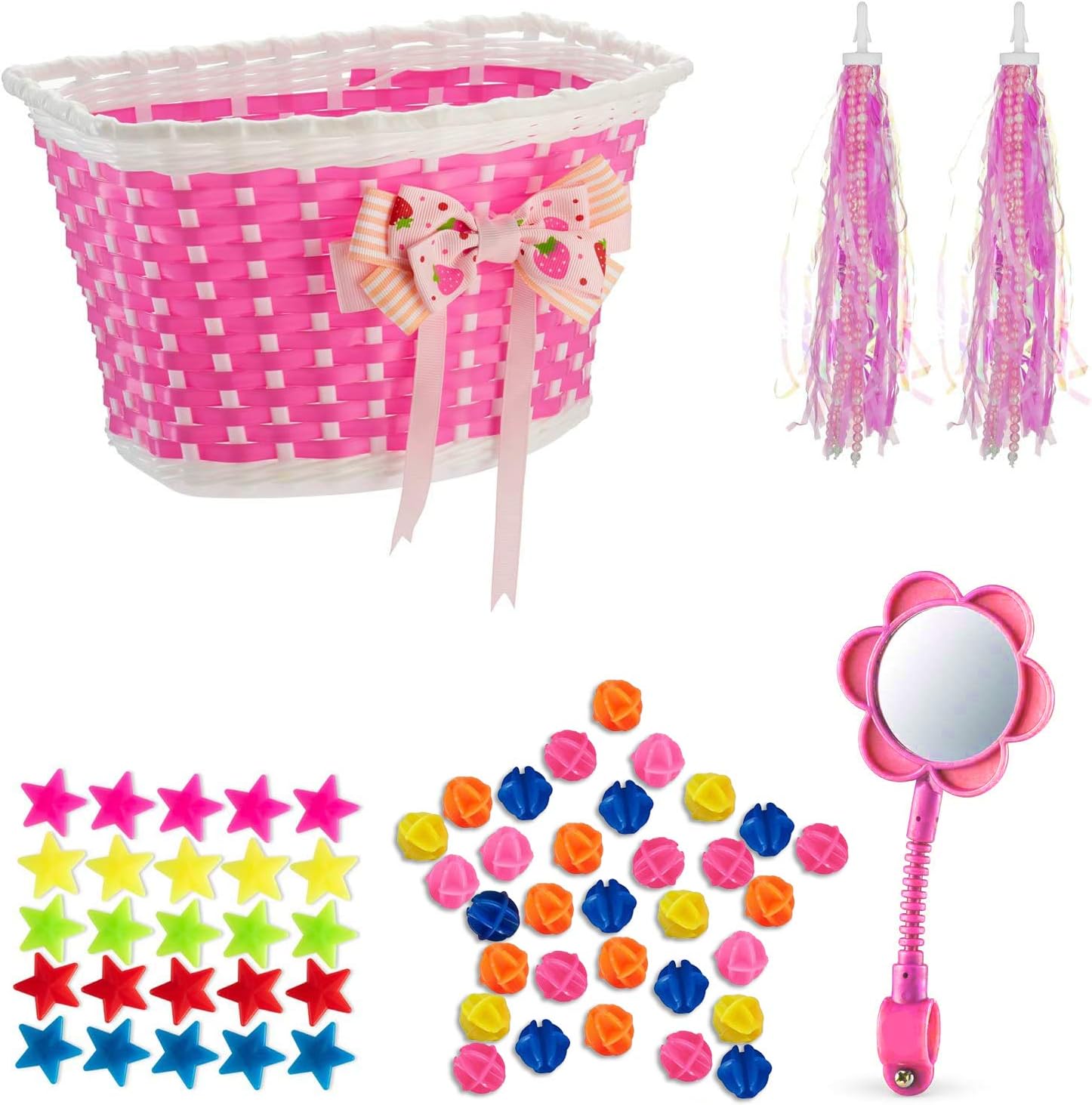 Girl’s Bicycle Decorations Set - Fun Bicycle Decor w/Beads, Rear View Mirror, Mounted Water Bottle, Handlebar Streamers & Basket - Complete Bike Decoration for Kids