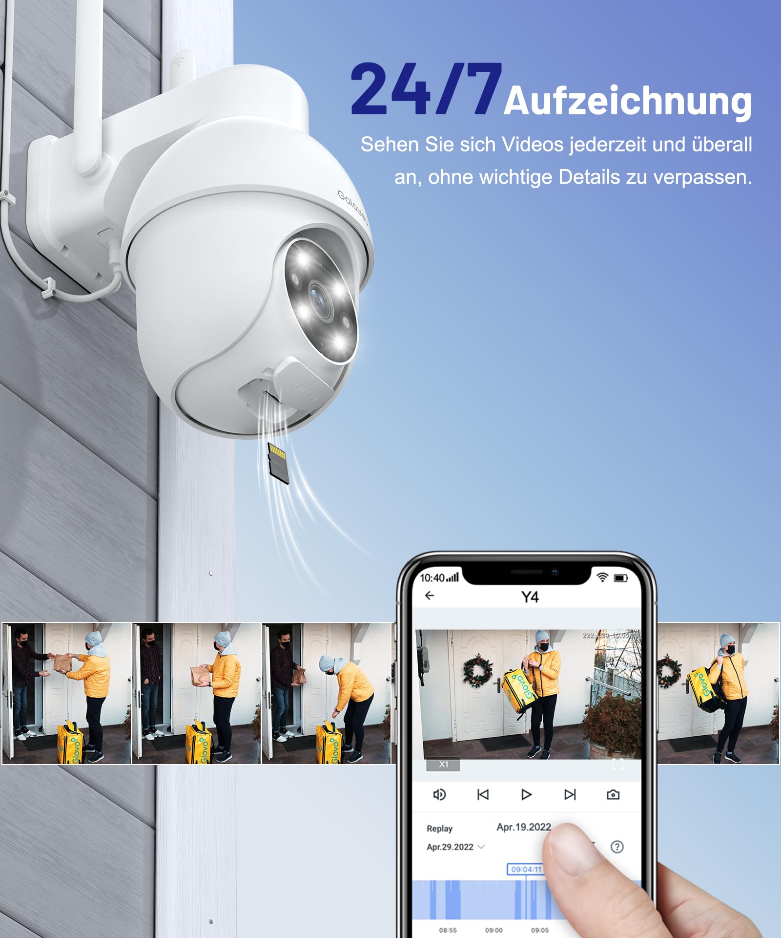 GALAYOU Zewnętrzna kamera nadzorująca WiFi PTZ, zewnętrzna wodoodporna kamera nadzorująca 360°, kolorowy noktowizor, inteligentne śledzenie, natychmiastowy alarm, Alexa Y4 2p