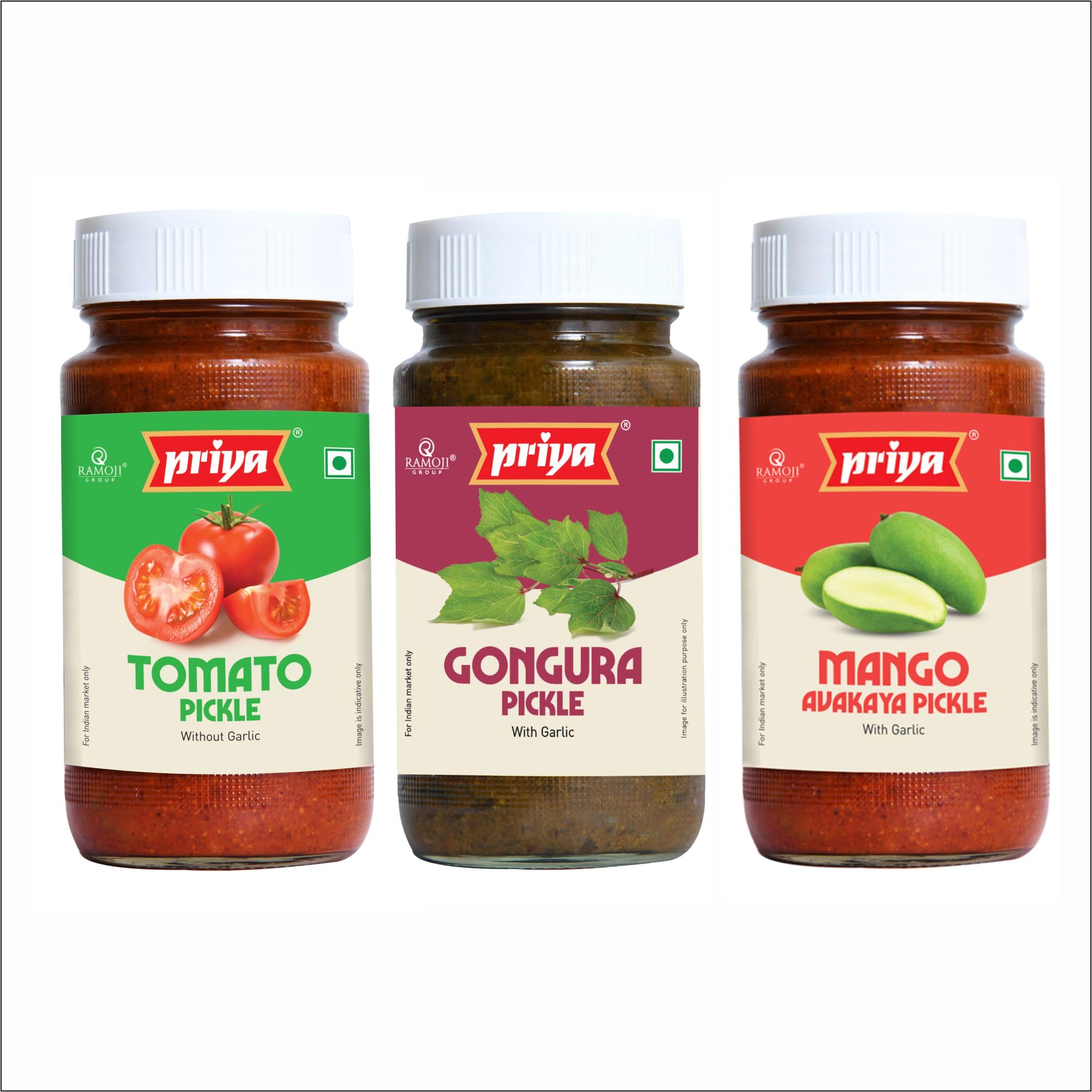 Priya Pickles Combo of 3 Pickle With Garlic Total 900gm I Tomato,Gongura,Mango avakaya I Authentic Telugu Style Achar | Traditional South Indian Taste | Homemade Andhra Pickles | Glass Jar