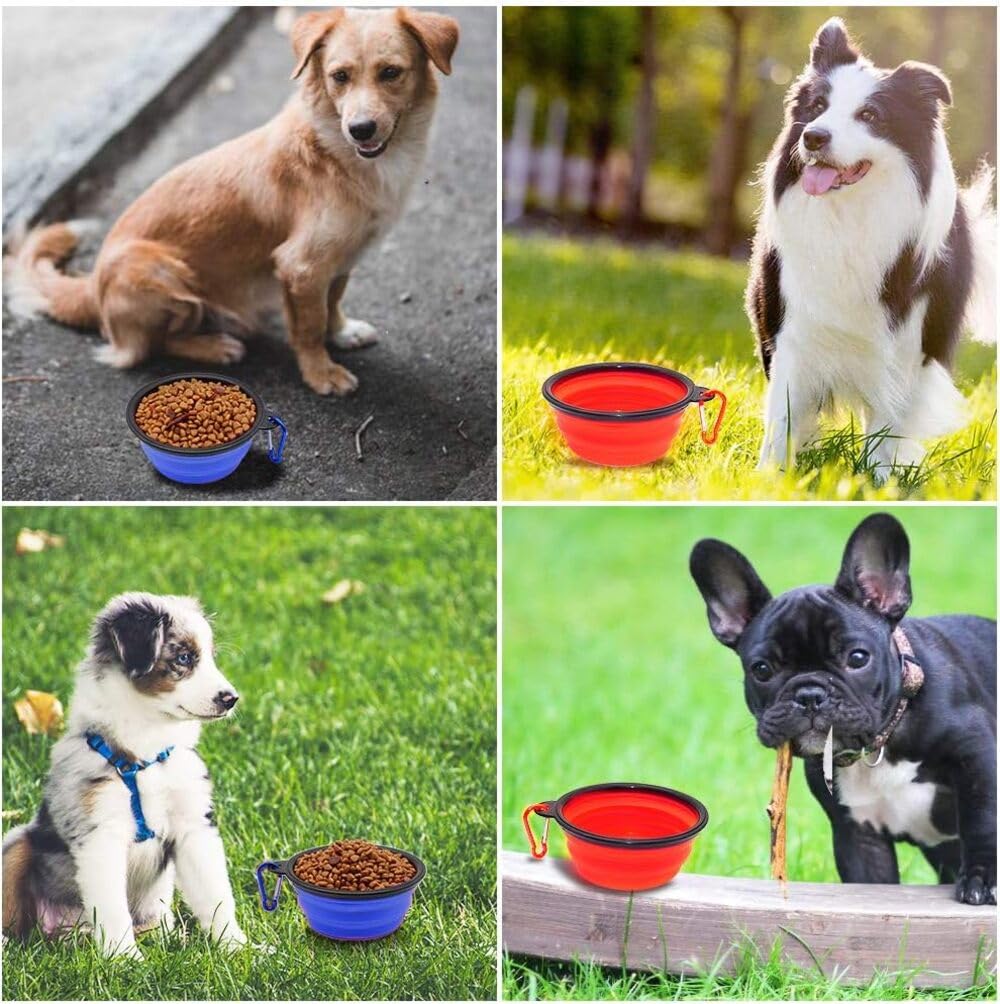 Bebedero Perro Plegable, 2 uds de Cuenco Portátil. Capacidad de 350 ml Cada uno. Incluye Cepillo para Peinar y Masajear y mosquetón para Viaje. Libre de BPA es Seguro para Perros.