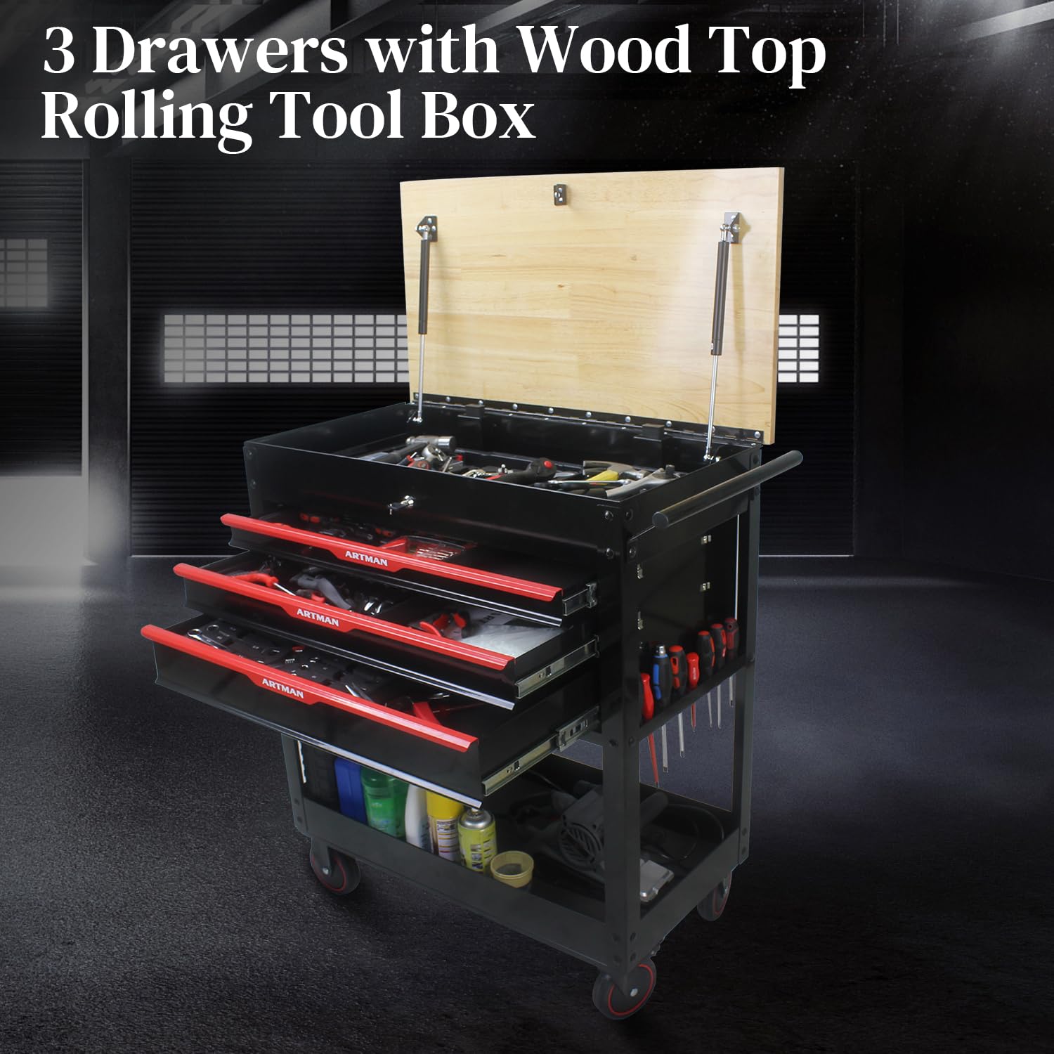 WTRAVEL Rolling Cart With 3-Drawer Utility Box, Wheels, Wood Top - Mechanic Storage Organizer Cabinet for Garage, Warehouse, Workshop, Repair Shop - Black