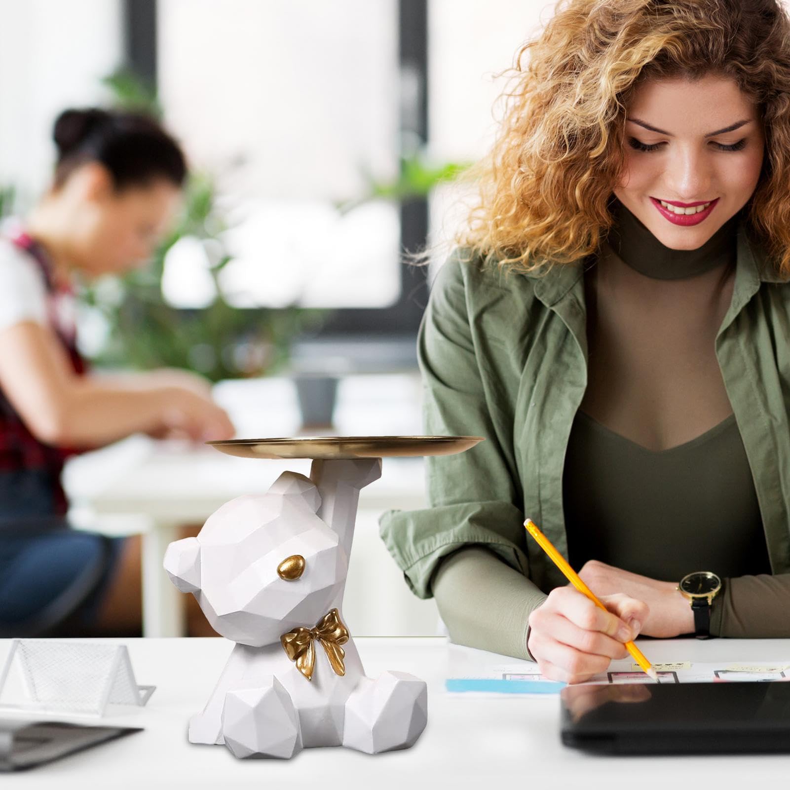 Starnearby Plateau Clé Entrée Sculpture Ours En Résine Bol Clé Entrée Statue De Ours Statue Avec Plateau Rangement Clef, Bijoux, Plateau Porte Clé Et Accessoires