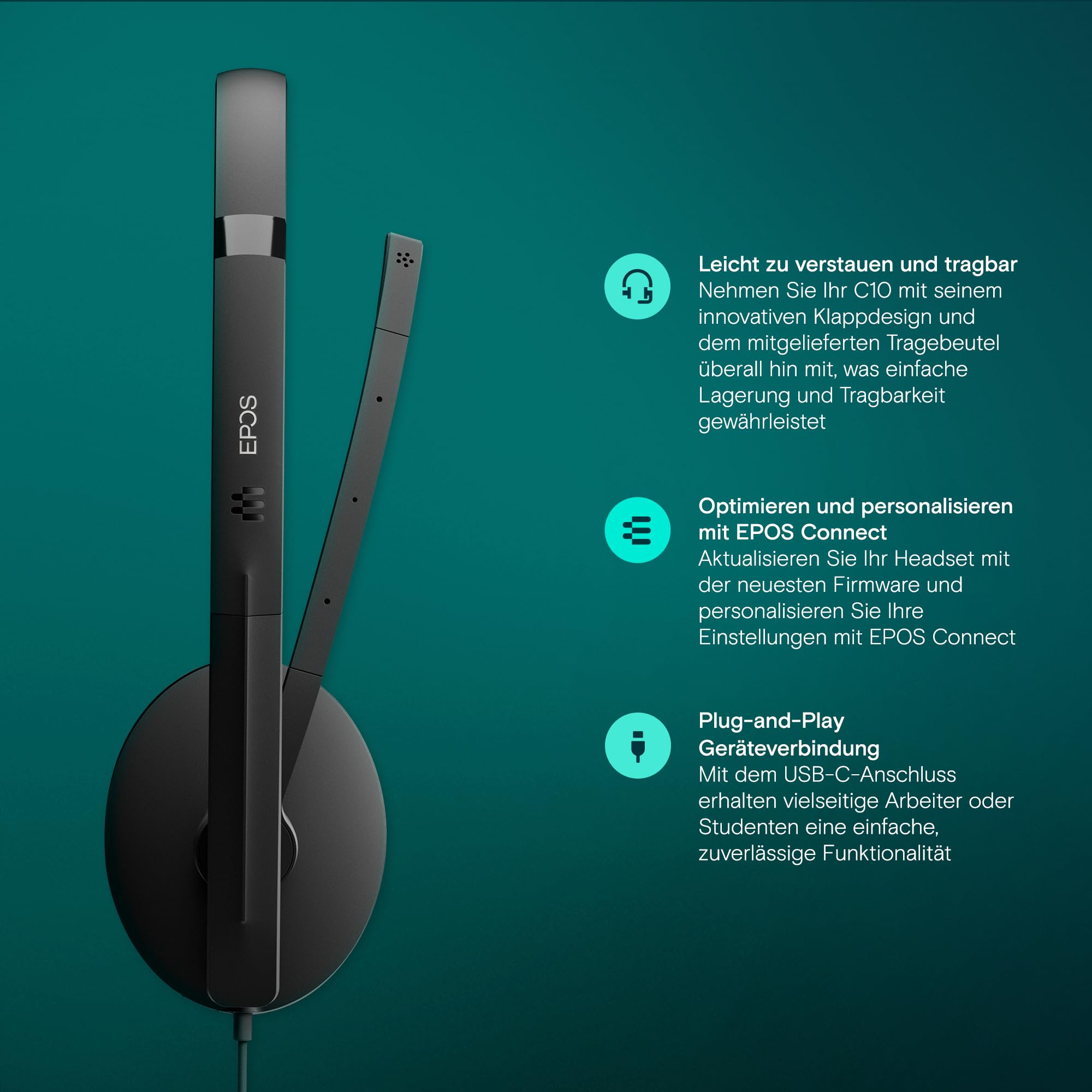 EPOS C10 USB-Headset mit Mikrofon, kabelgebundene Kopfhörer mit einfacher und flexibler USB-C-Verbindung und EPOS BrainAdapt-Technologie.