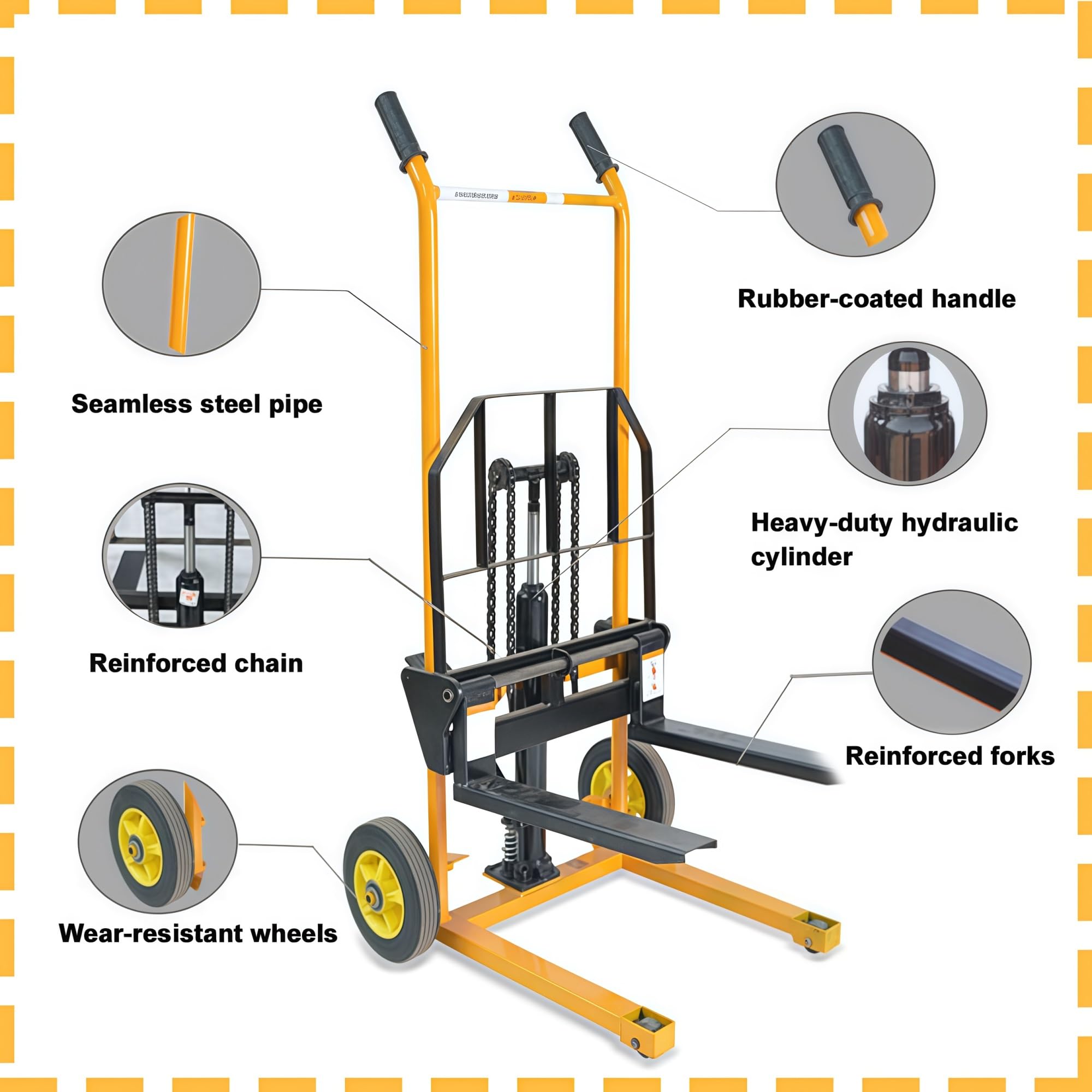 Transpalette manuel avec fonction de levage, capacité de charge 440 lb, adapté à la manutention de marchandises dans les petites entreprises et les environnements industriels.