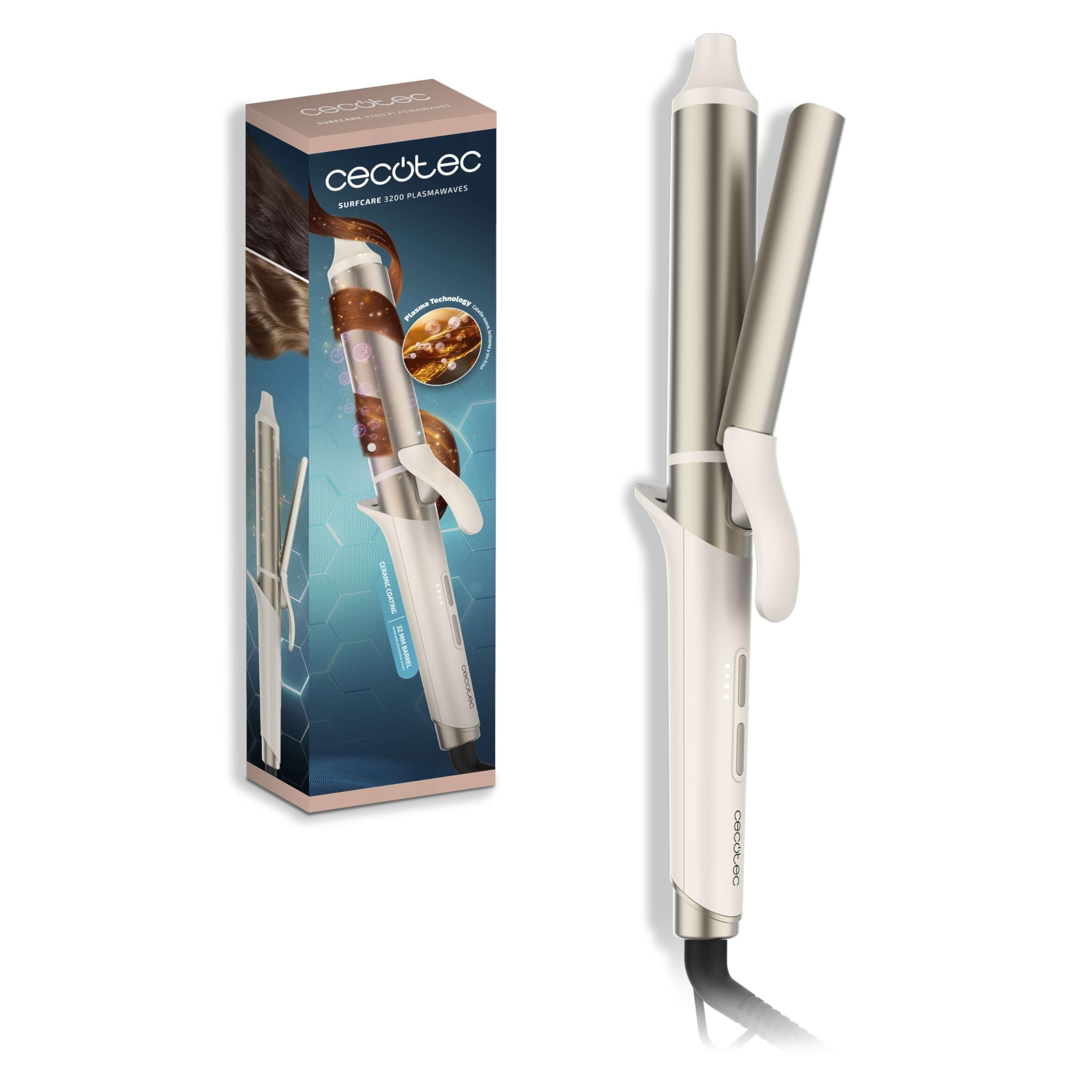 Cecotec SurfCare 3200 PlasmaWaves Looper Technologia plazmowa 32 mm. Antyrenomowana, powłoka ceramiczna, wbudowany zacisk, regulowana temperatura 100°-200°C, zimna końcówka, automatyczne wyłączanie