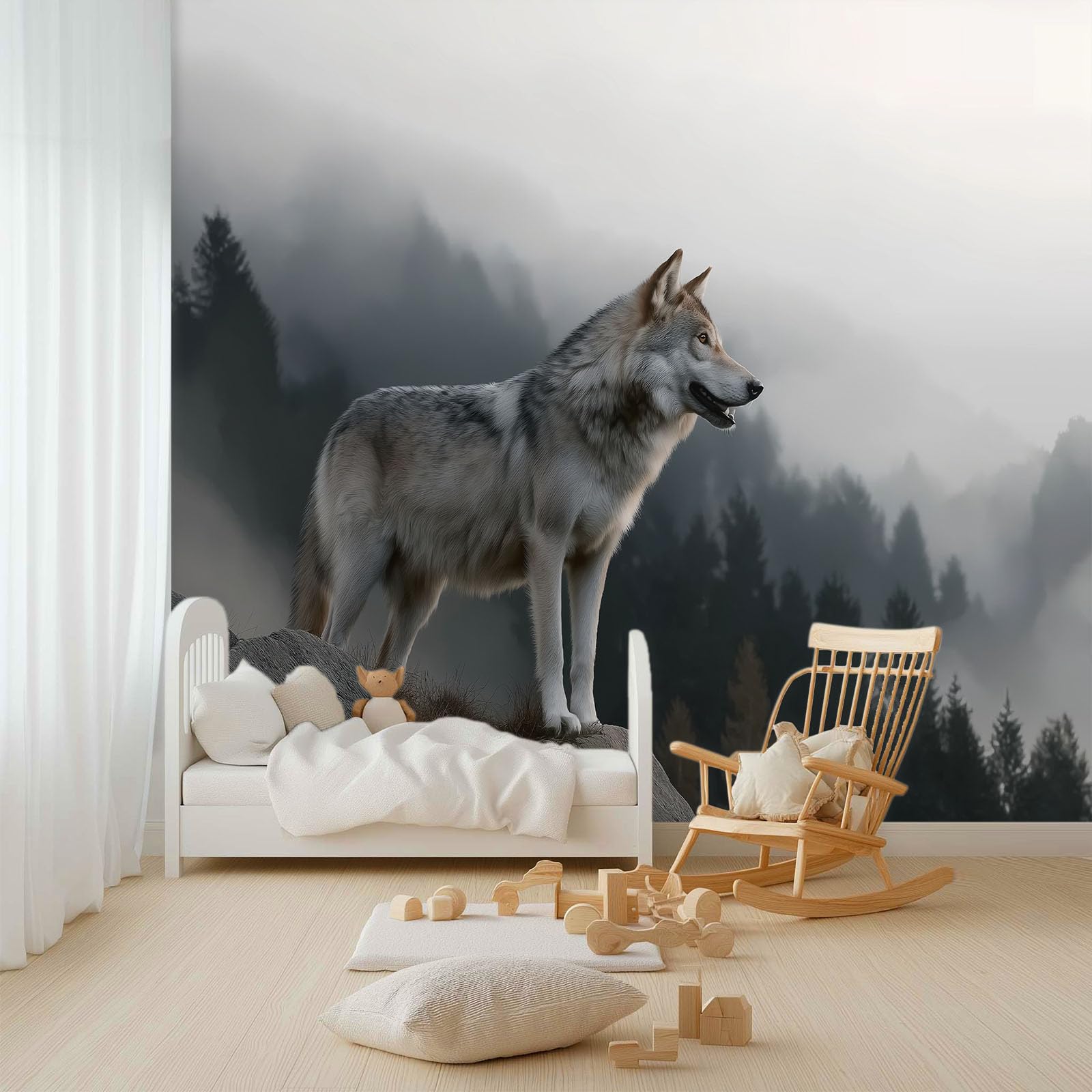 Fototapeta ze zwierzętami, wilkami, 500 x 280 cm, efekt 3D, obraz ścienny, tapeta ścienna, nowoczesna tapeta ścienna, do salonu, pokoju dziecięcego, sypialni, tło TV, dekoracja ścienna, szara