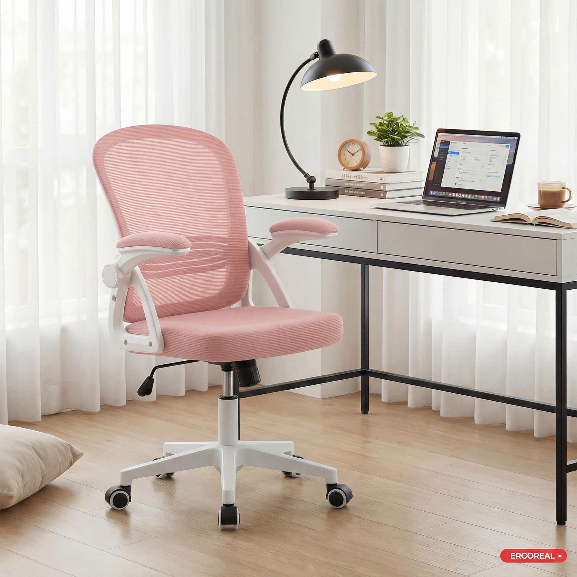 Ergonomischer Bürostuhl, 90-110° Verstellbare Rückenlehne & Aufklappbare Armlehnen (90°), Bürostuhl mit Rollen & Höhenverstellung,Homeoffice & Arbeitszimmer (Kirschblütengrau)