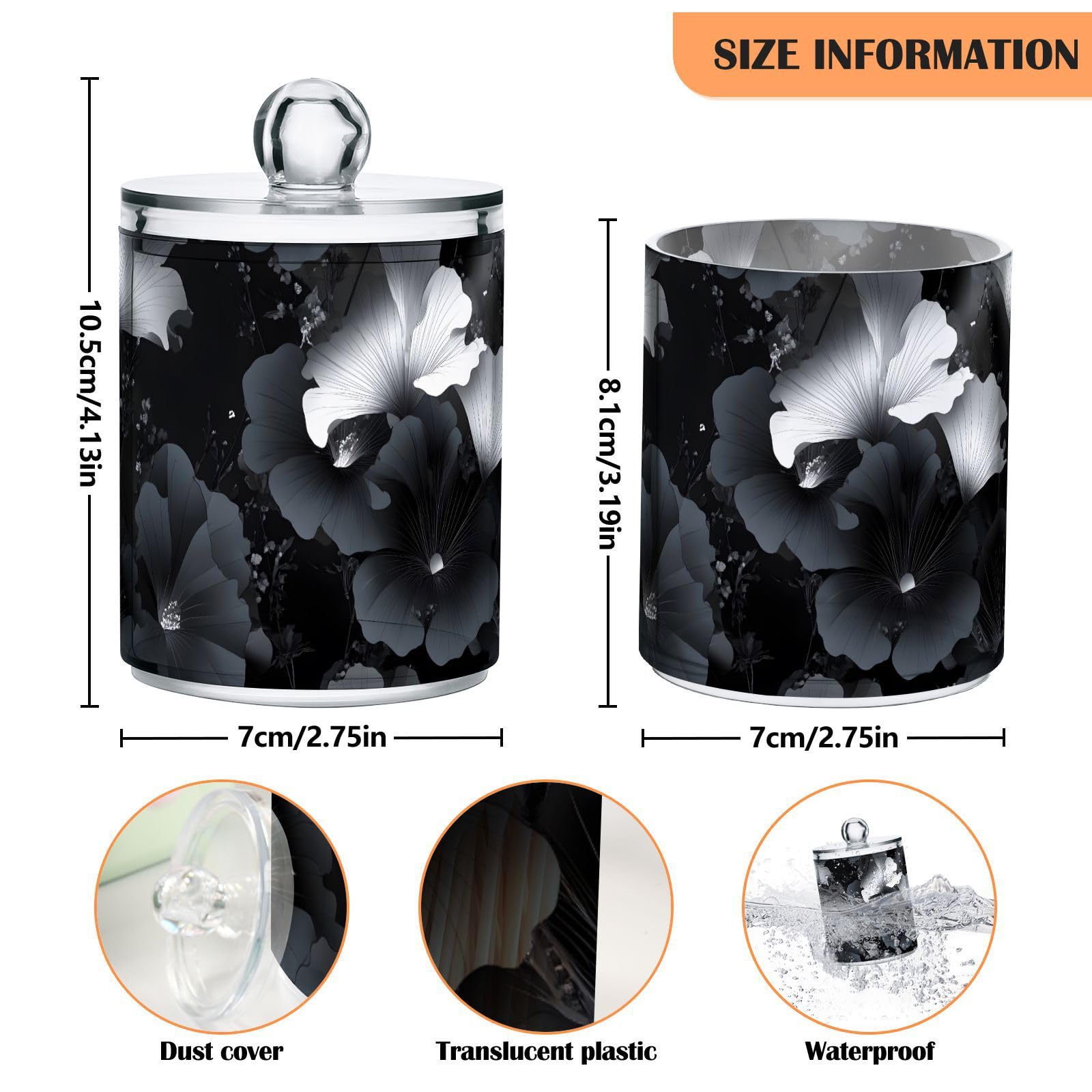 YMGQYJ 2 Pack Luxury Black Floral Qtip Cotton Ball Holders Dispenser with Lid, Plastic Jars Bathroom Canisters Storage Organizer