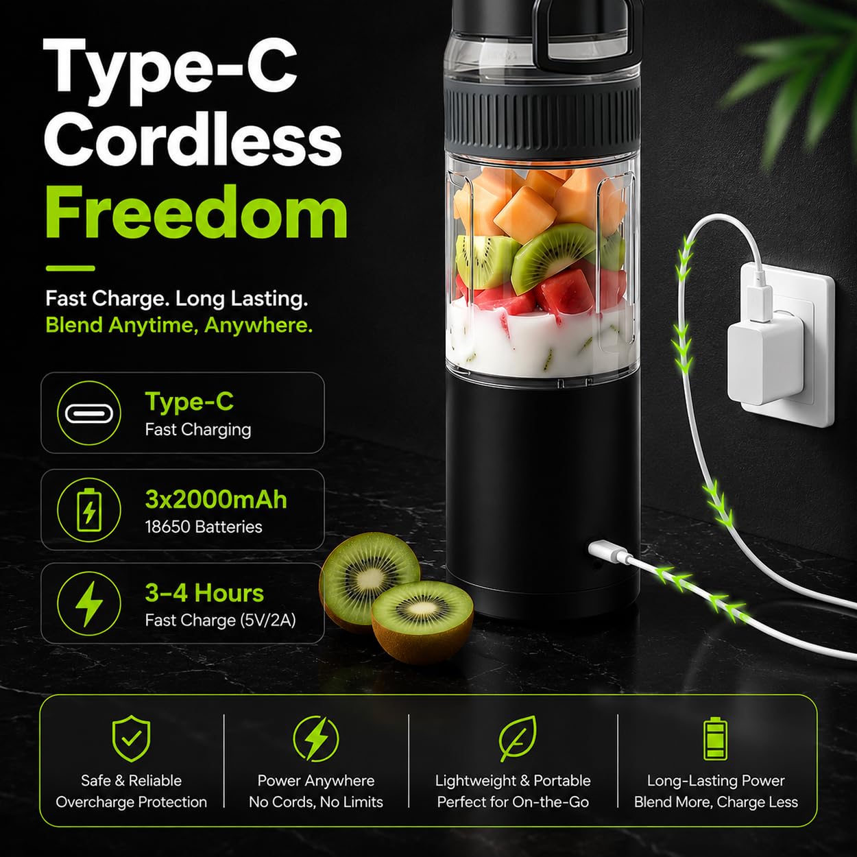 Blender Portable pour Smoothies Shakes Mini Mixeur 600ml | Individuel To Go avec Écran LED, Blender Sans Fil Puissant 220W, Rechargeable Type-C 12V pour Voyage Sport Bureau Noir