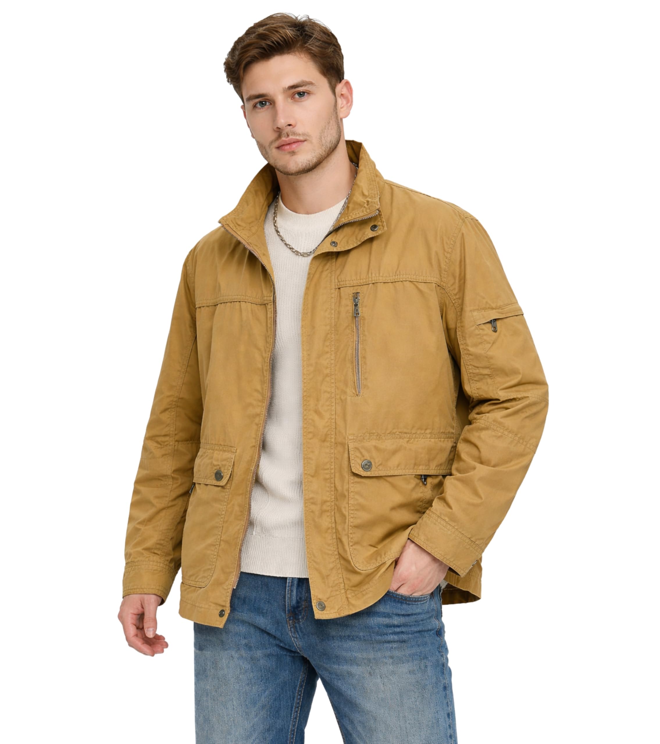 L'MONTE Men's Imported Winter-Ready Cotton Jacket - Stylish Design with Multiple Pockets, Stand Collar, and Relaxed Fit for Outdoor & Casual Wear (Earthy Yellow, M)