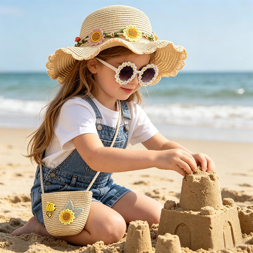Girasoles Sombrero de Paja Niñas, Gorra de Sol Chica y Bolsa de Paja Set Gorro de Playa Gafas de Sols Playa de Verano Sombrero Mini Bolsa Cruzada de Pajas Sombreros para Viaje Beach Piscina(Beige)