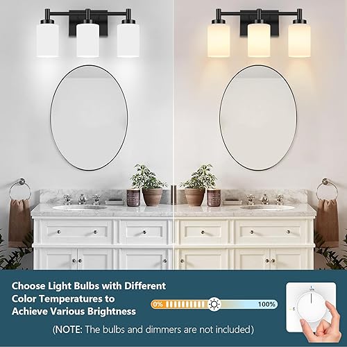 Miniatura 4 de 3-Light Bathroom Vanity Light Fixtures Over Mirror, Rustproof Vanity Lights for Bathroom, Modern Black Bathroom Lights Wall Mount with Milky White