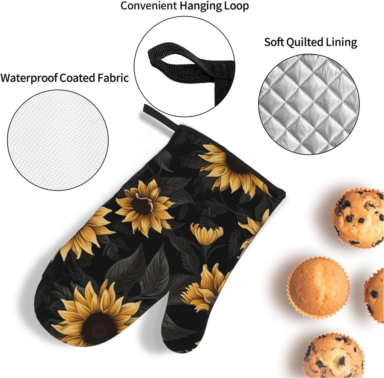 (Sunflowers Printed) Baking 4-Piece Set: 2 Oven Mitts and 2 Pot Holders Heat Resistant Waterproof Hanging Loop for Kitchen Oven Grill Housewarming Gifts