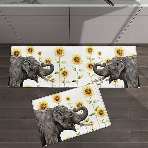 Miniatura 8 de SEVENBABU Kitchen Mat and Rug Set of 2 Non Slip Floor Mats Happy Elephant Sunflower Watercolor Background Absorbent Rug Set Sink Kitchen Mats