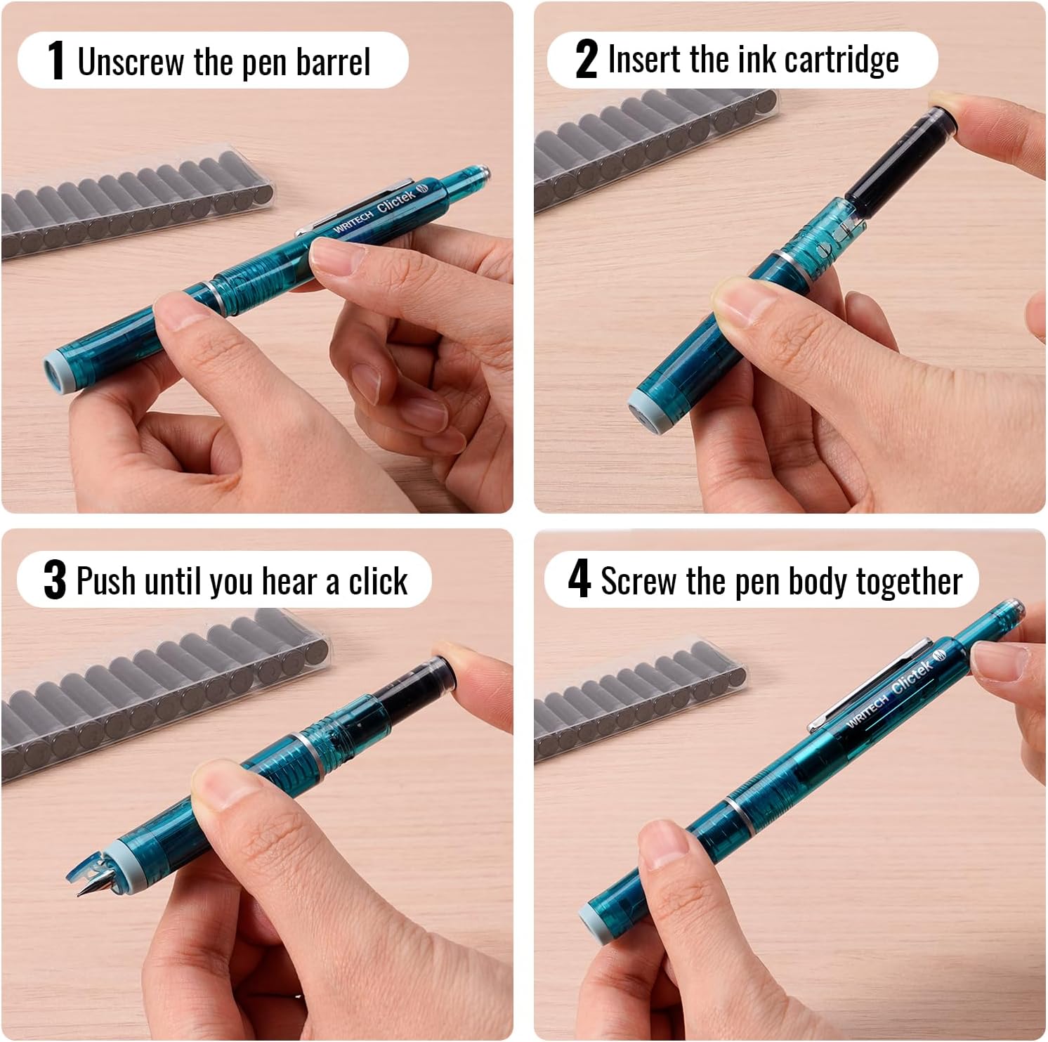 WRITECH W-1784 Cartridge Blue Ink: 16ct Blue Ink Cartridges Set Clictek Fountain Pens