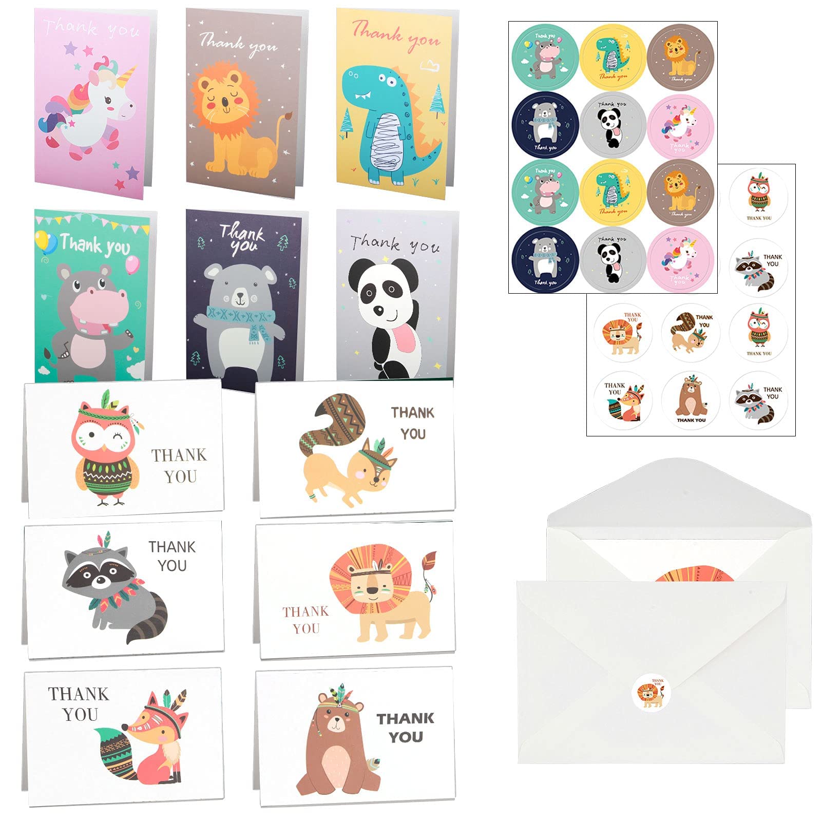 Thank You Cards with Envelopes and Stickers, 48 Pcs Animals Thank You Greeting Cards for Birthday Thank You Weddings Baby Shower