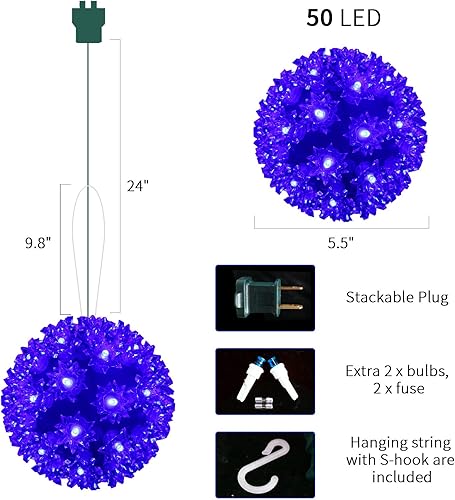 Miniatura 3 de Esfera de luces de Navidad de 5.5 pulgadas para colgar al aire libre, 50 luces LED de orbe azul claro, luces de esfera para árbol, porche,