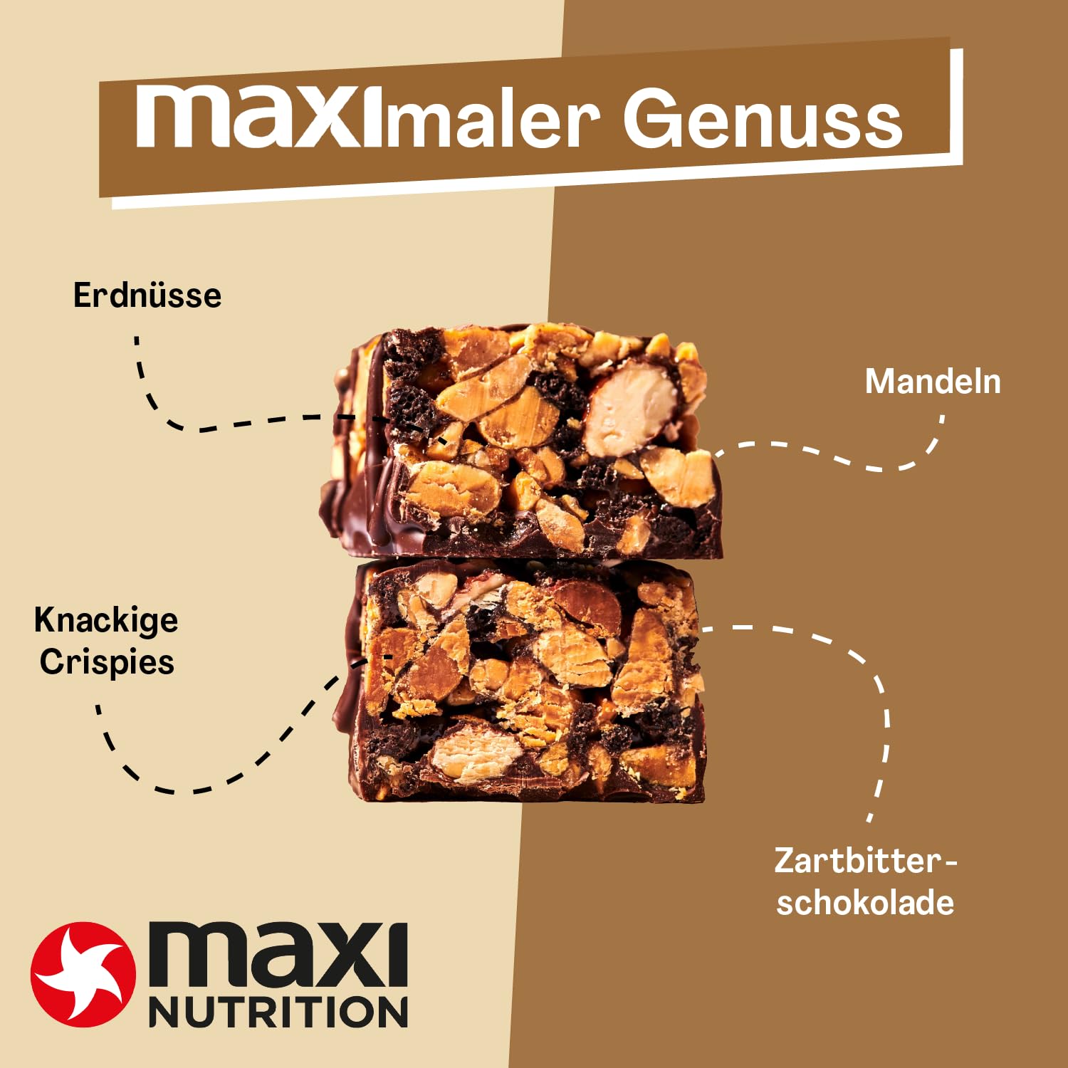 MaxiNutrition Dark Chocolate Peanut Nussriegel vegan 12x46g – Protein Riegel aus ganzen Nüssen mit 22% Protein, plant based, ohne Zuckerzusatz, ohne künstliche Aromen