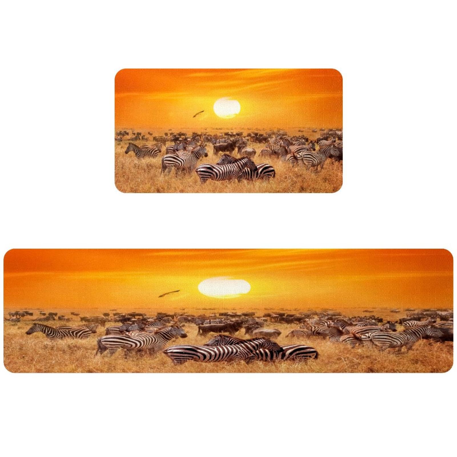 Tapete de cocina VAPOKF de 2 piezas antideslizante con diseño de cebra y puesta de sol