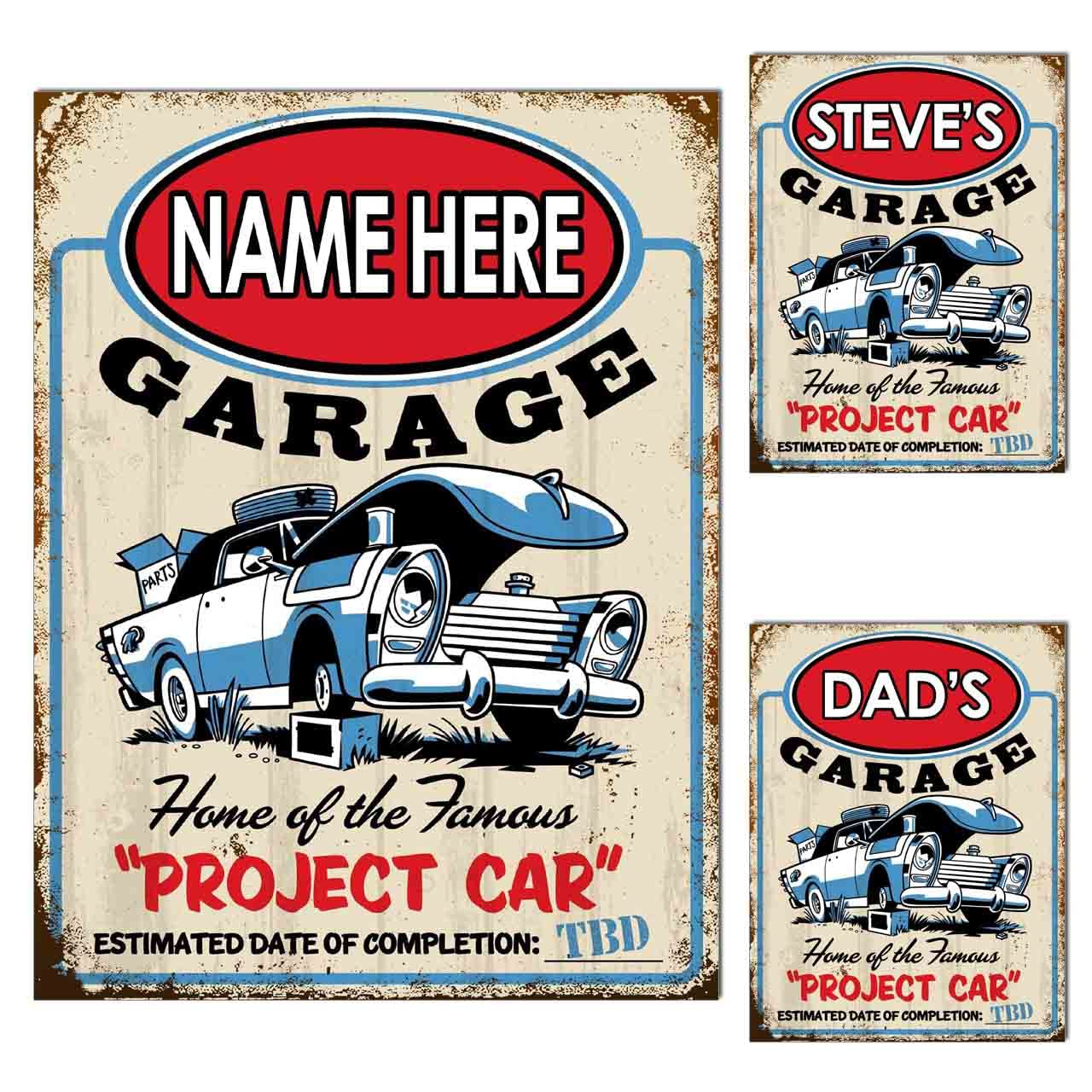 Metal Tin Sign Plaque Poster Print Personalised Garage Sign Gift Dad Mum Man Cave Shed Home Bar Tiki Bar Fathers Day S3 (8x6 inches (Approx) 20cmx15cm, Project Car)