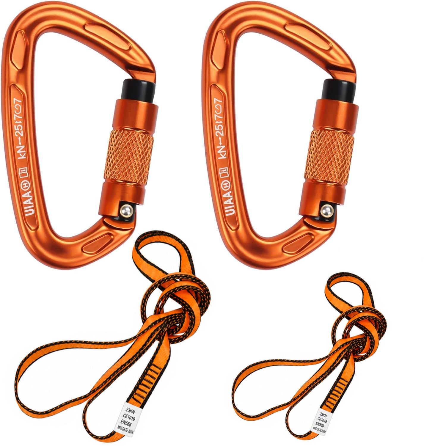 Karabiner Klettern Kletterausrüstung, 2 Stück UIAA-Zertifiziert 25KN Auto Locking Kletterkarabiner Clips +2 Stück 22KN Nylon Seil，zum Klettern, Bergsteigen, Wandern