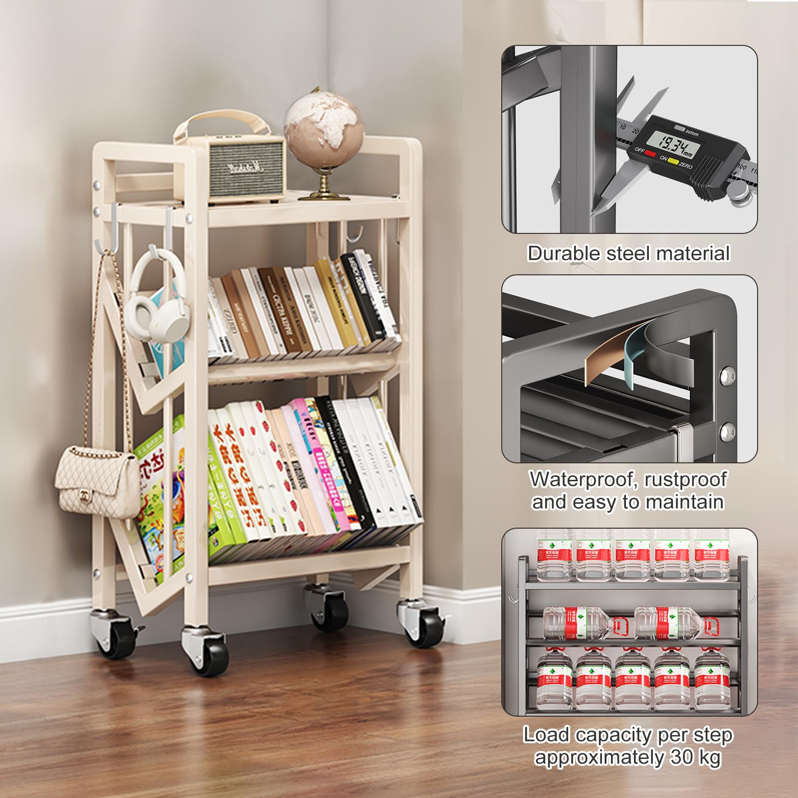Estanteria Libros con Ruedas, Estantería Metálica de 3 Niveles, 50x25x81.5cm, con Ganchos Desmontables y Ruedas con Freno, para Hogar, Oficina, Aula (Blanco)