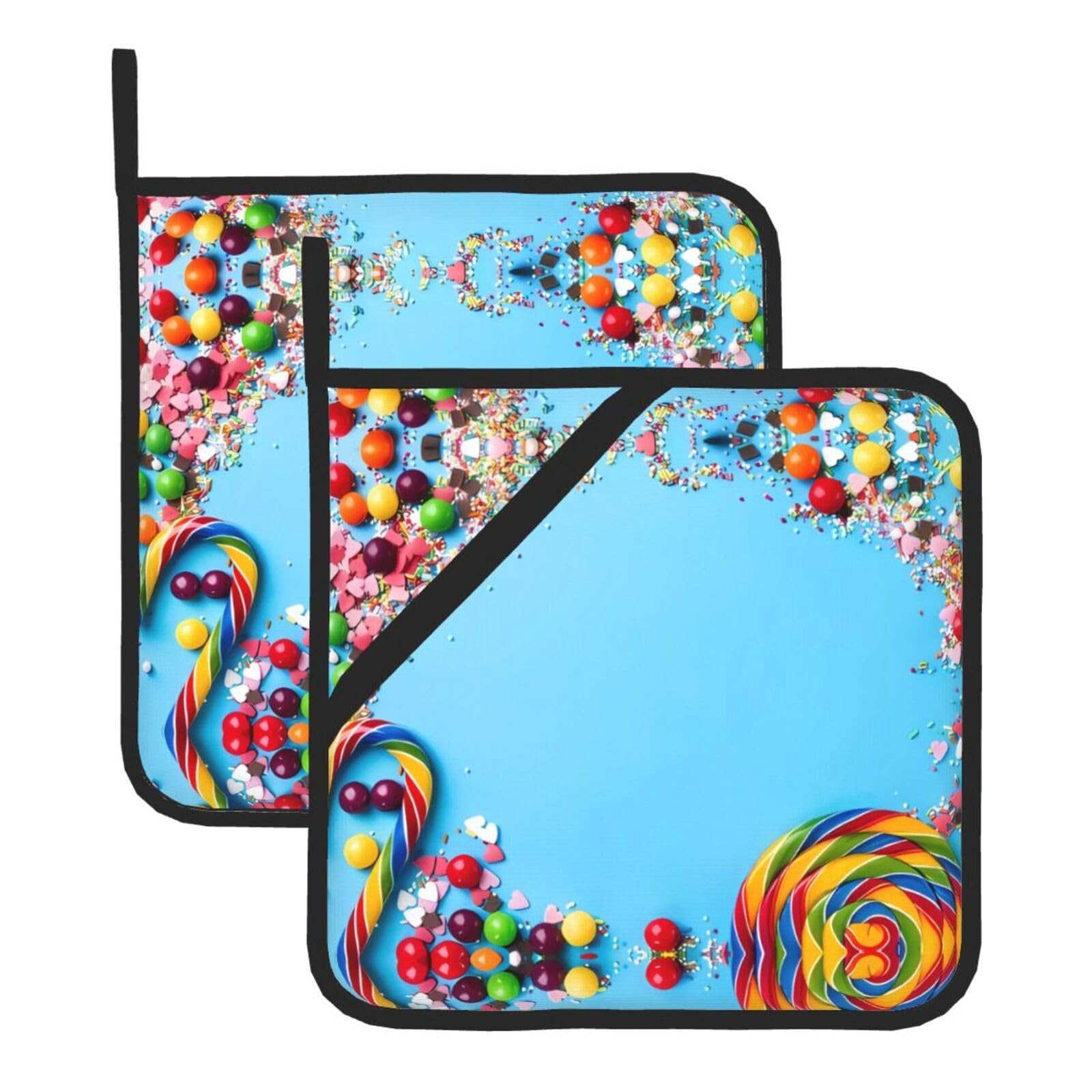 YYHWHJDE Lollipop Conffiti Cracker Chocolate Prints Square Hot Pads for Kitchen Counter - Waterproof Pot Holders with Hanging Loop, Durable Trivets for Microwave Oven - 2 Pack