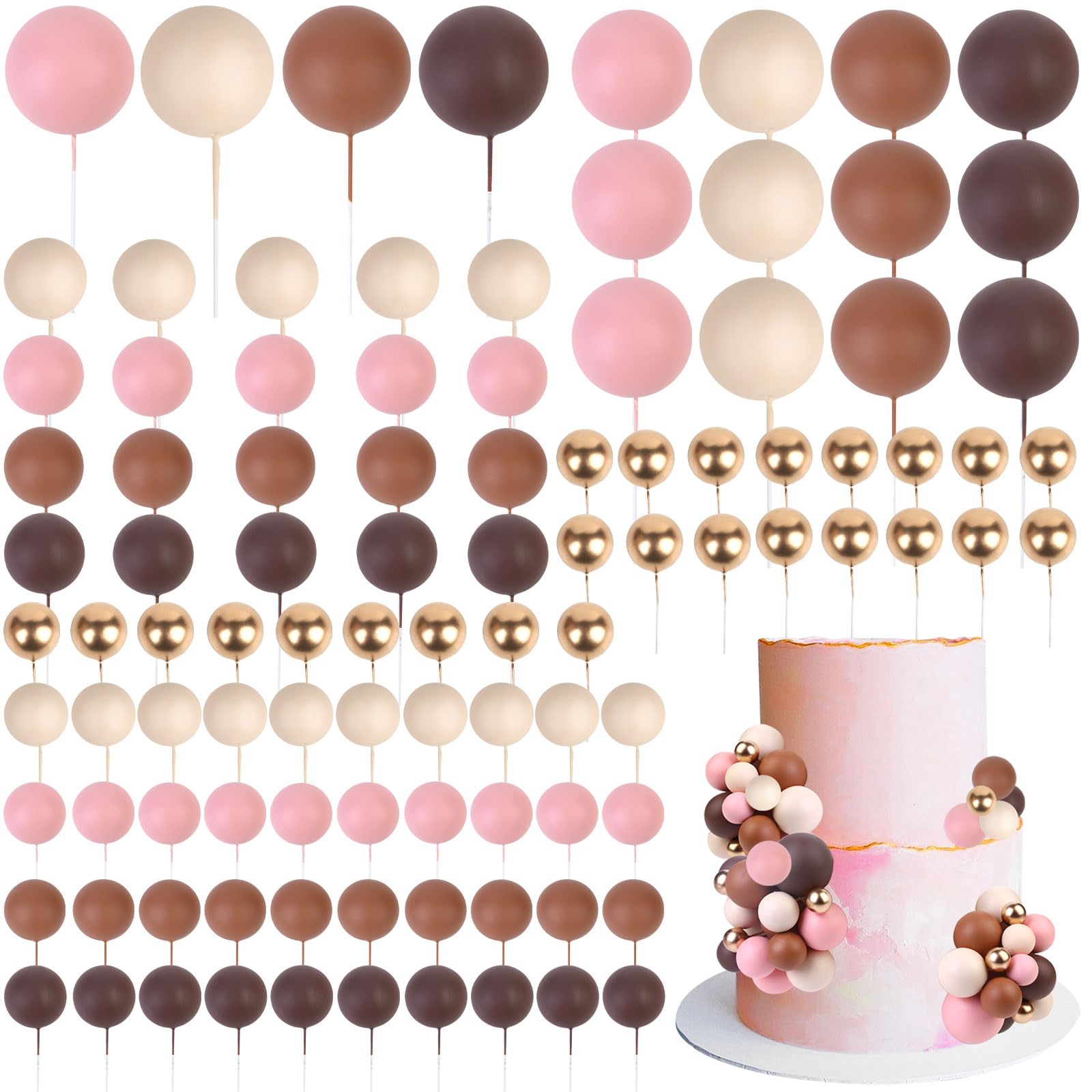 CORNER LACE 101 Pcs Ball Cake Decorations - Brown Pink Khaki Gold Ball Dessert Picks & Cupcake Toppers, Wedding Bridal Shower Birthday Baby Shower Gender Reveal Party Cake Supplies