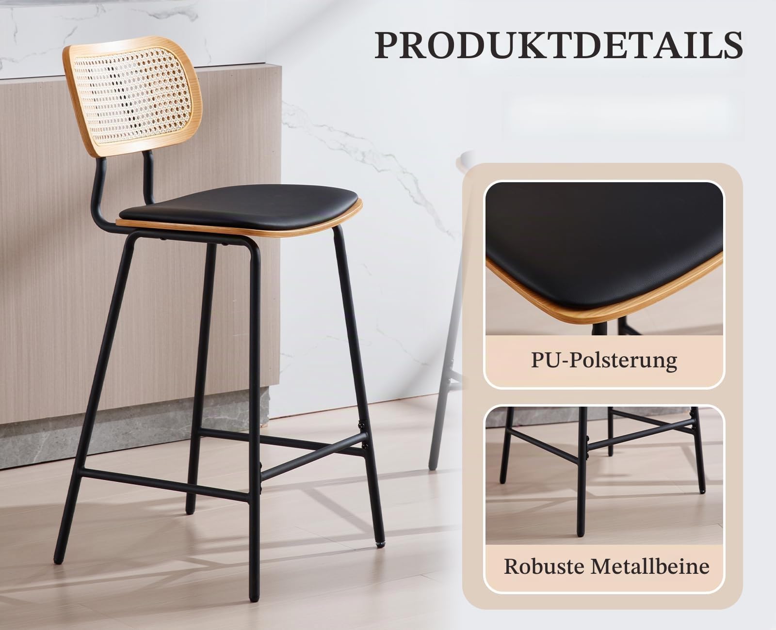 Ya-Home Barhocker 2er Set Rattan, Barstuhl mit Lehne, Schwarz