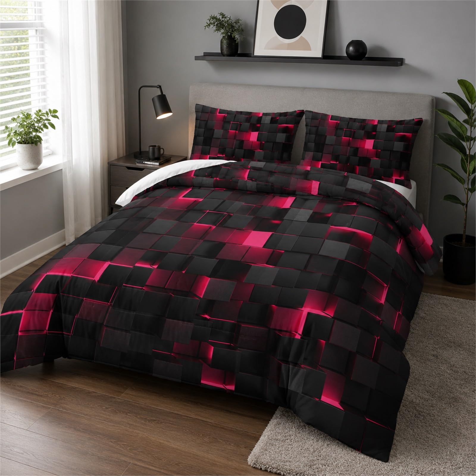 Tabeskly Boys Kids Geometric Square Bedding Geometry Lattice Double Duvet Cover Sets with Zipper Black Neon Pink 200x200 CM — image 1