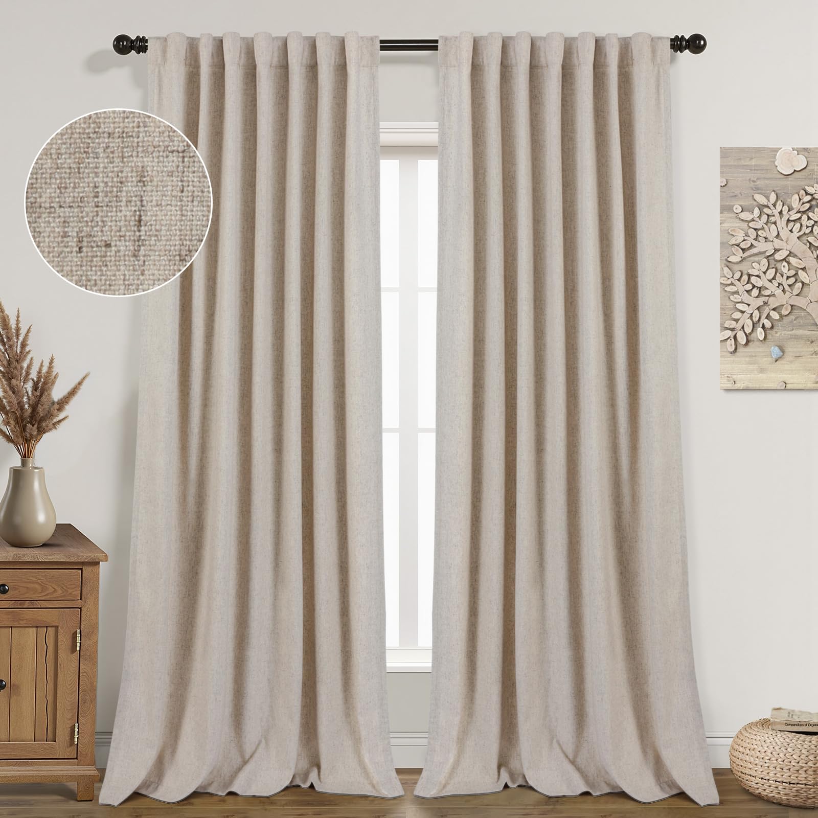 Awellife Linen Blackout Curtains for Living Room Blackout Rod Pocket Back Tab Drapes 63 Inch Length 2 Panels Set for Living Room Beige