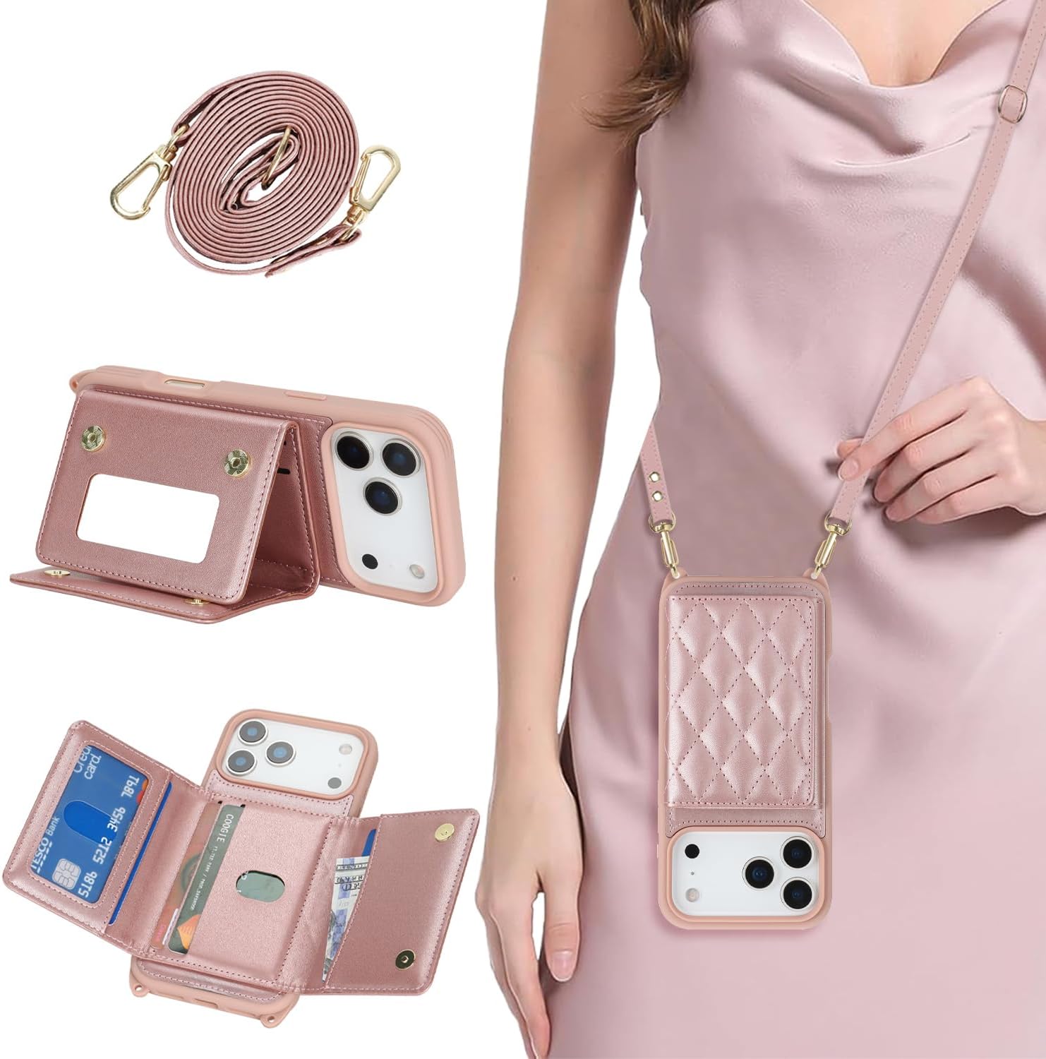 for iPhone 17 Case with Card Holder and Strap for Women,Crossbody Lanyard, Make Up Mirror,Ring Stand,Snap Clasp,Cute Phone Wallet Cases 6.3 inch - Off-White