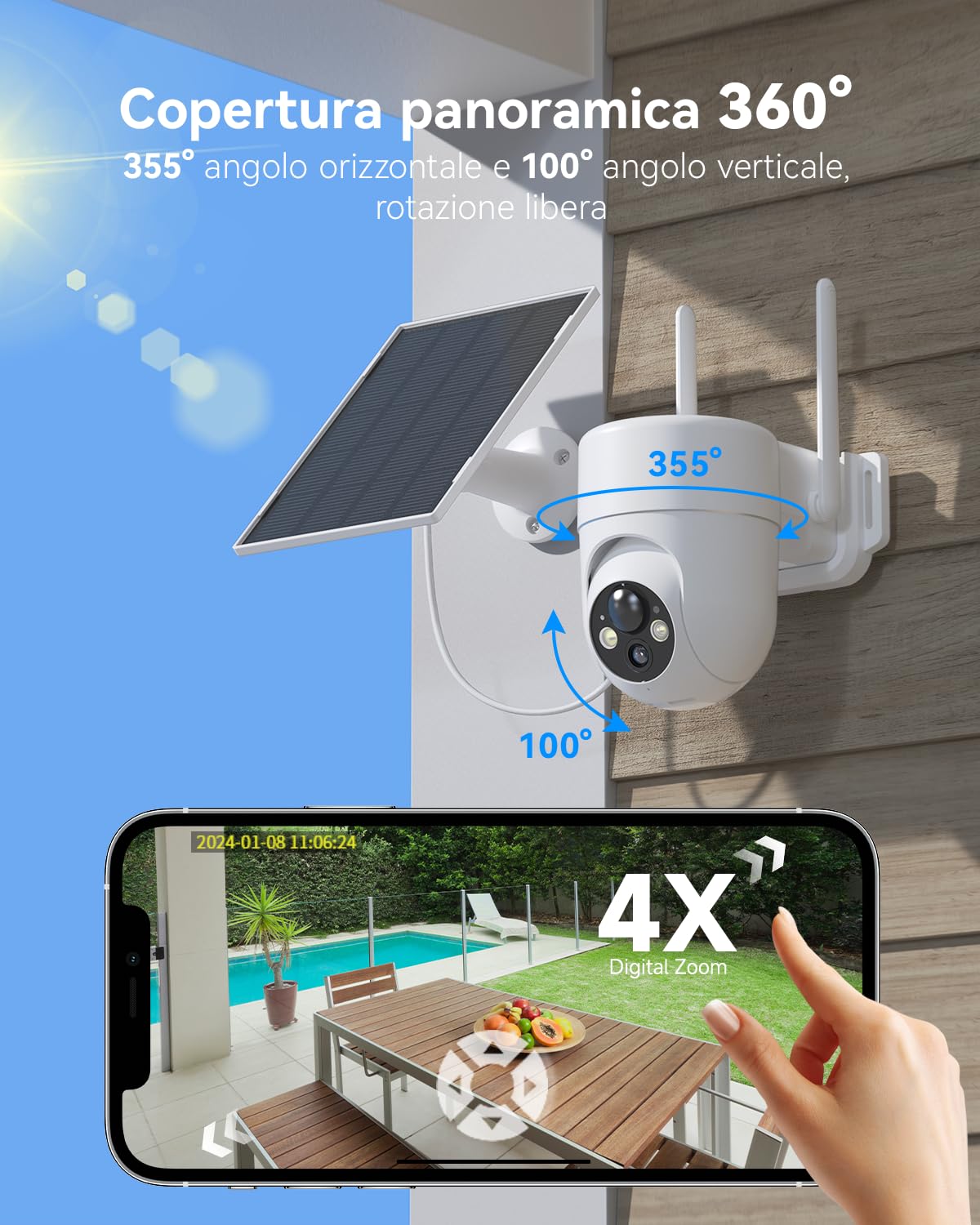 SEHMUA Telecamera Wi-Fi Esterno Senza Fili con Pannello Solare, 2K 360° PTZ | Videocamera Sorveglianza Esterno a Batteria, Visione Notturna A Colori, Rilevamento PIR, Audio Bidirezionale, IP66, 2 Pezzi
