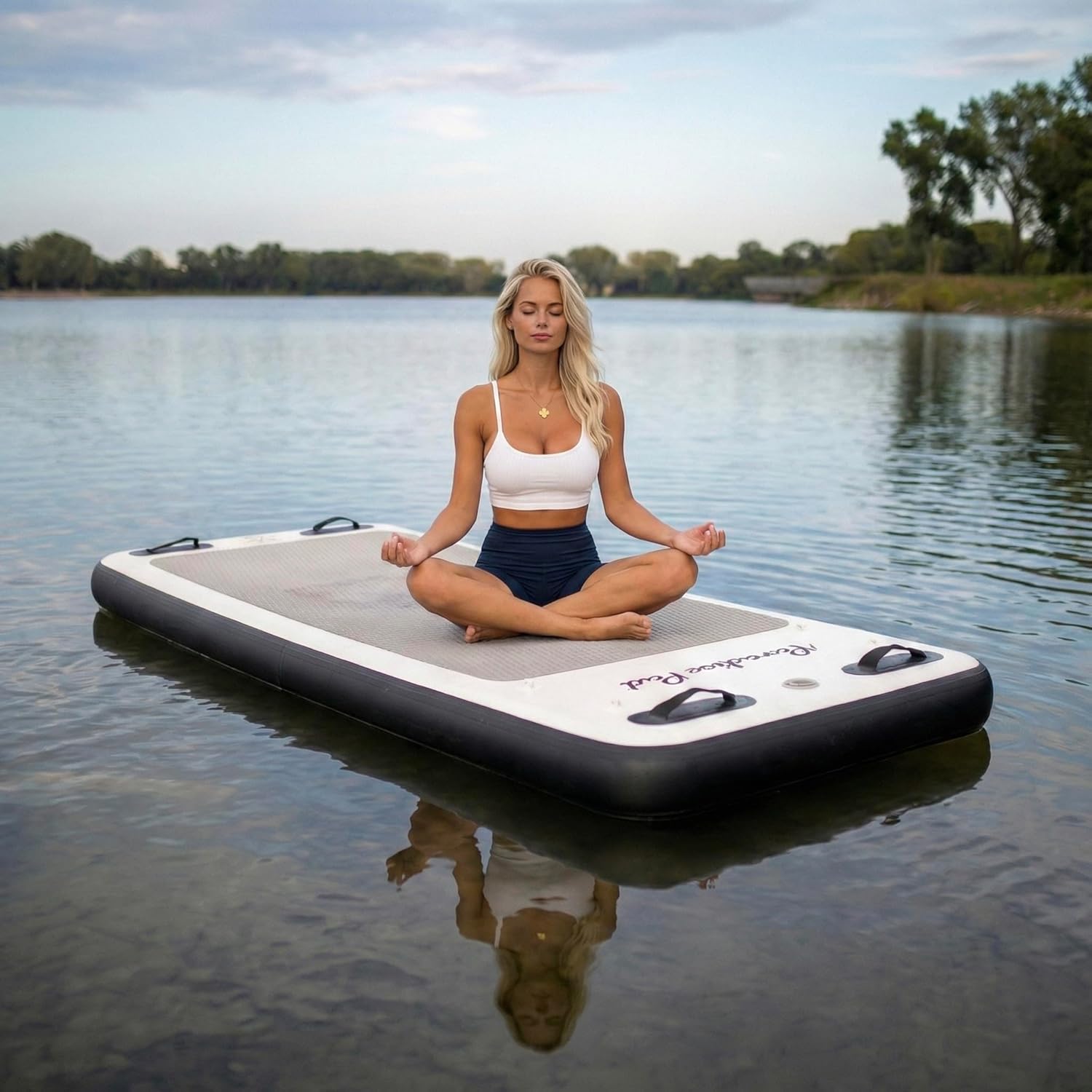 Inflatable Water Yoga Mat Board Floating Exercise Platform for Yoga and Pilates. Aquatic Fitness pad for Pools, Lakes. 96"x 35"x 6" includes storage bag, hand pump and repair kit. Paradise Pad