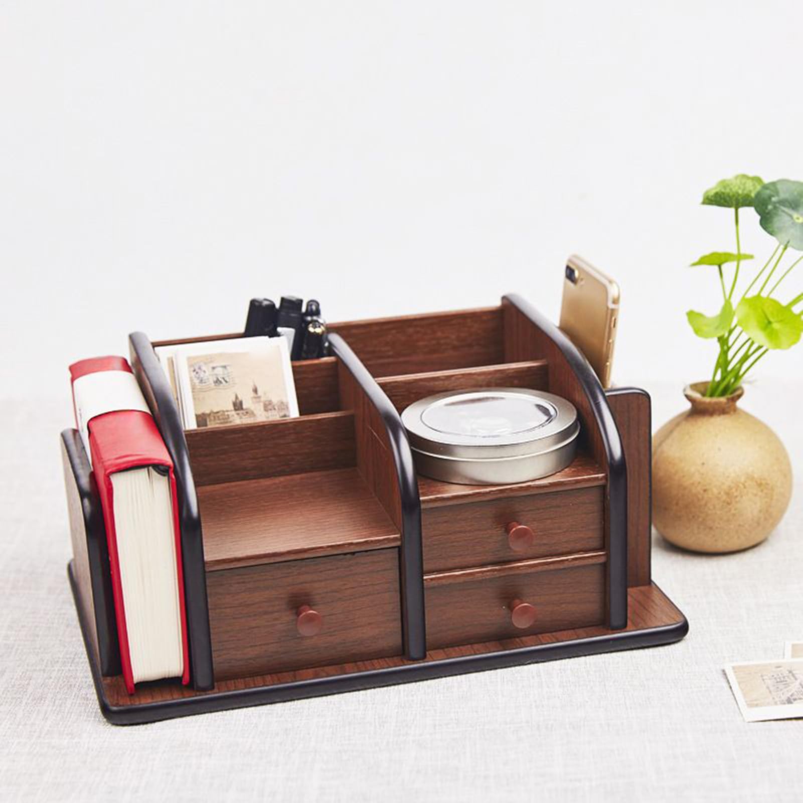 Soporte Control Remoto de Mesa Estante Cargador Con Cajón Y Libreta | Organizador De Escritorio En Madera Con Cajones Llaves Bloc Notas Lápiz Suministros Oficina Muebles Pequeños Café Mesita