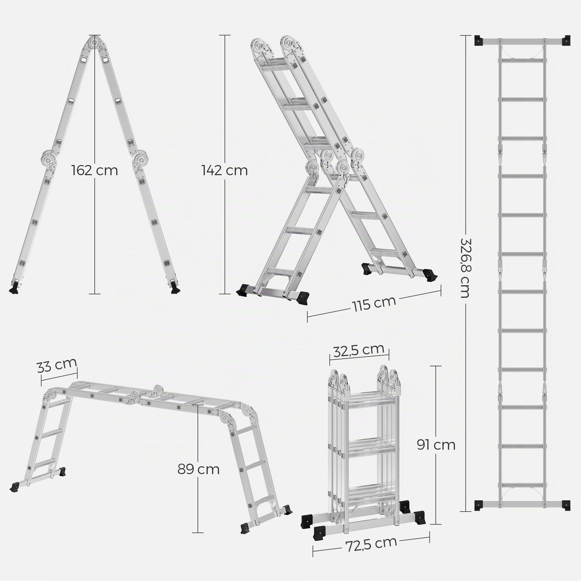 SONGMICS Mehrzweckleiter Aluleiter 12 Stufen 4x3 Stufen bis 150 kg 326 cm silbern GLT36M
