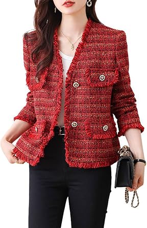chouyatou Womens Fall V-Neck Fringed Tweed Jacket Button Down Plaid Dressy Tweed Blazer Jacket