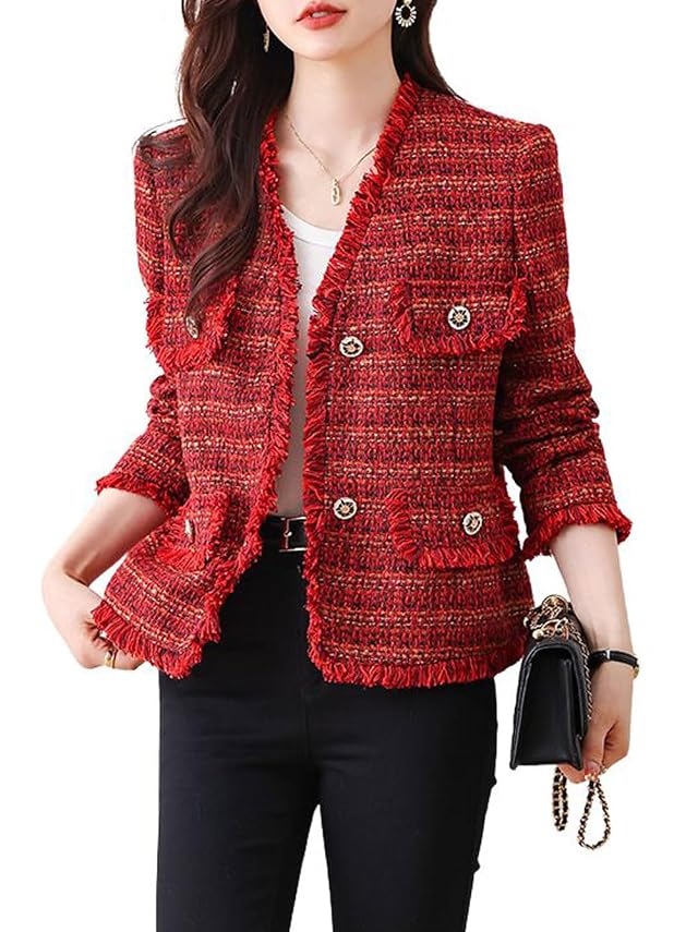 chouyatou Womens Fall V-Neck Fringed Tweed Jacket Button Down Plaid Dressy Tweed Blazer Jacket