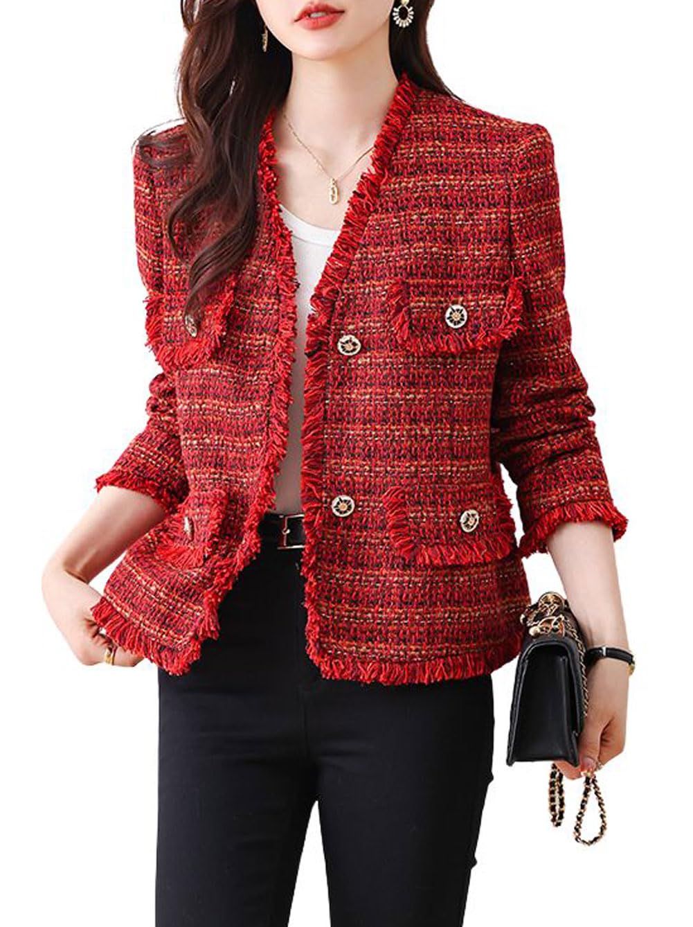 chouyatou Womens Fall V-Neck Fringed Tweed Jacket Button Down Plaid Dressy Tweed Blazer Jacket